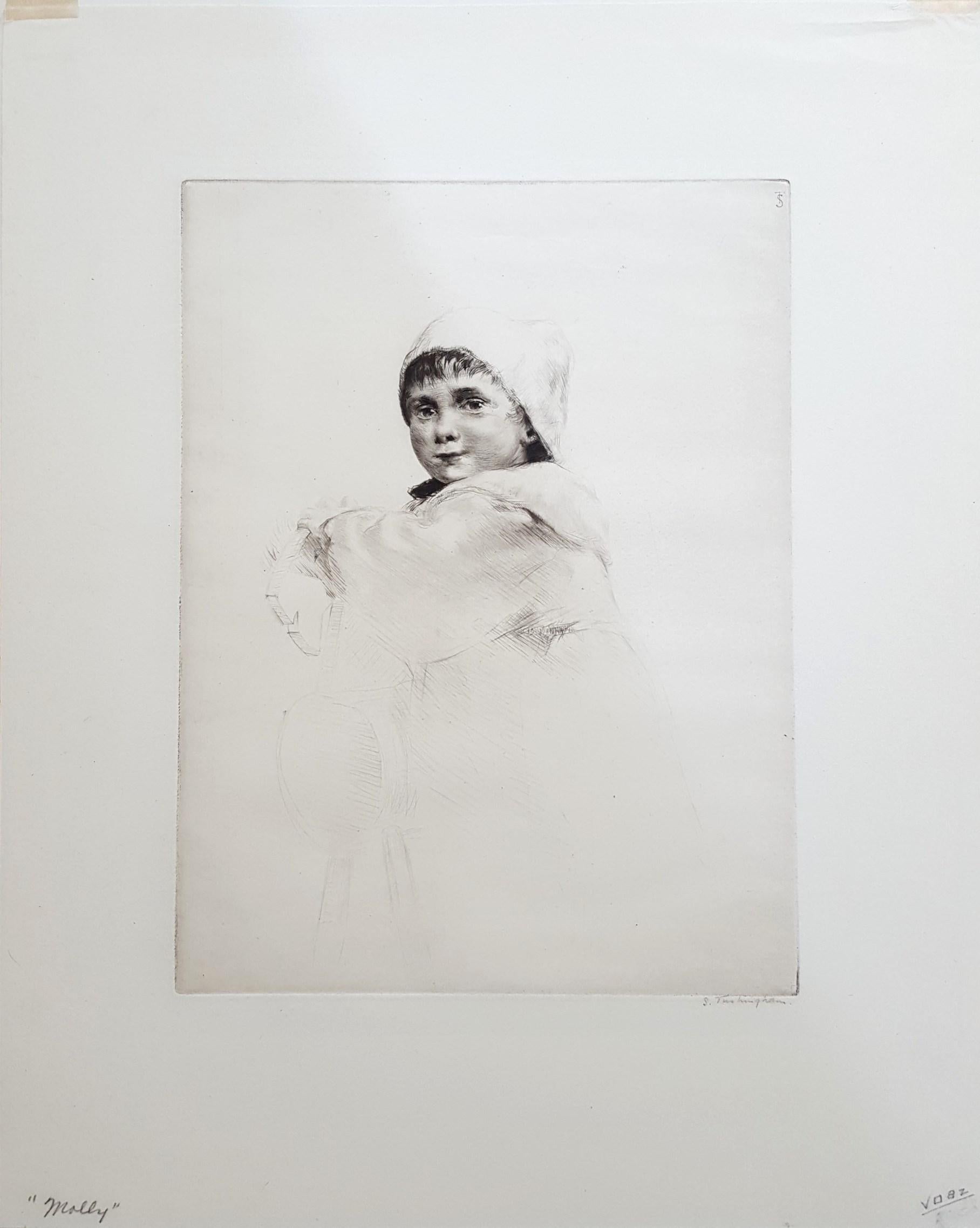Molly /// Antike viktorianische Radierung Porträt figurativ British Kinder Kind – Print von Sidney Tushingham