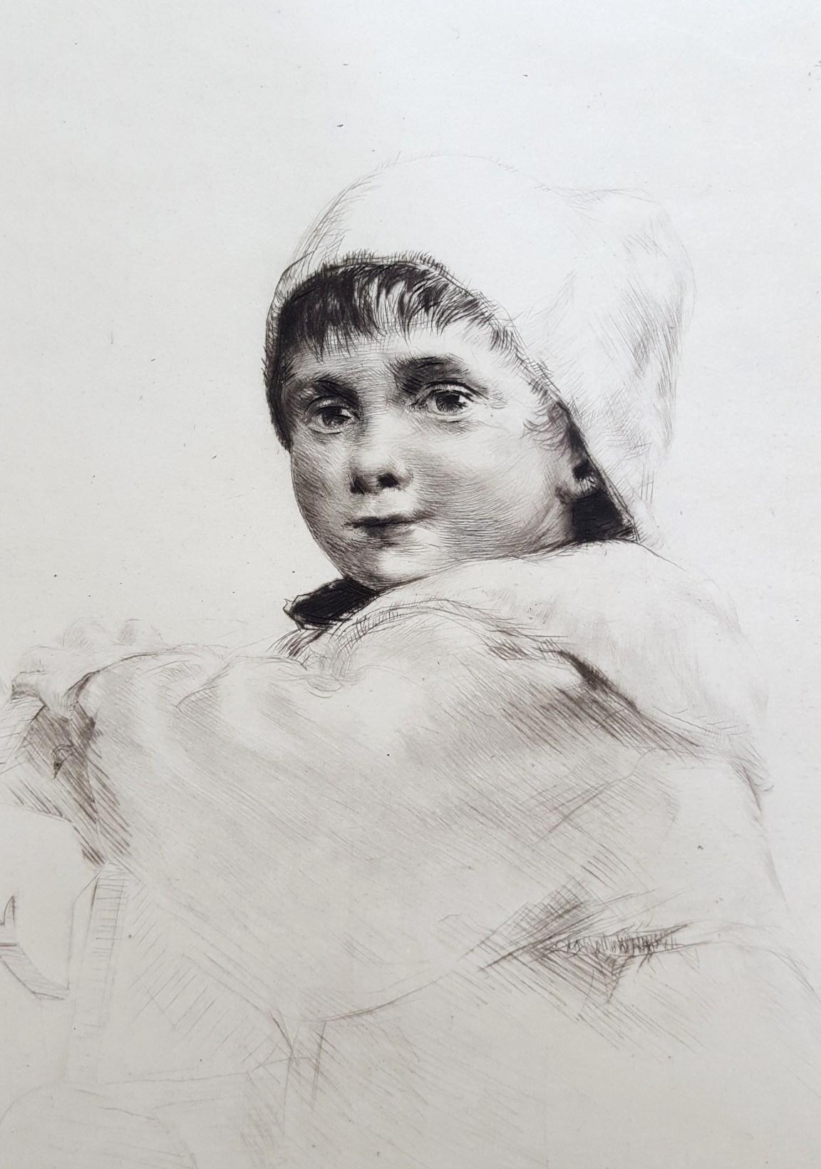 Molly /// Antike viktorianische Radierung Porträt figurativ British Kinder Kind (Grau), Portrait Print, von Sidney Tushingham