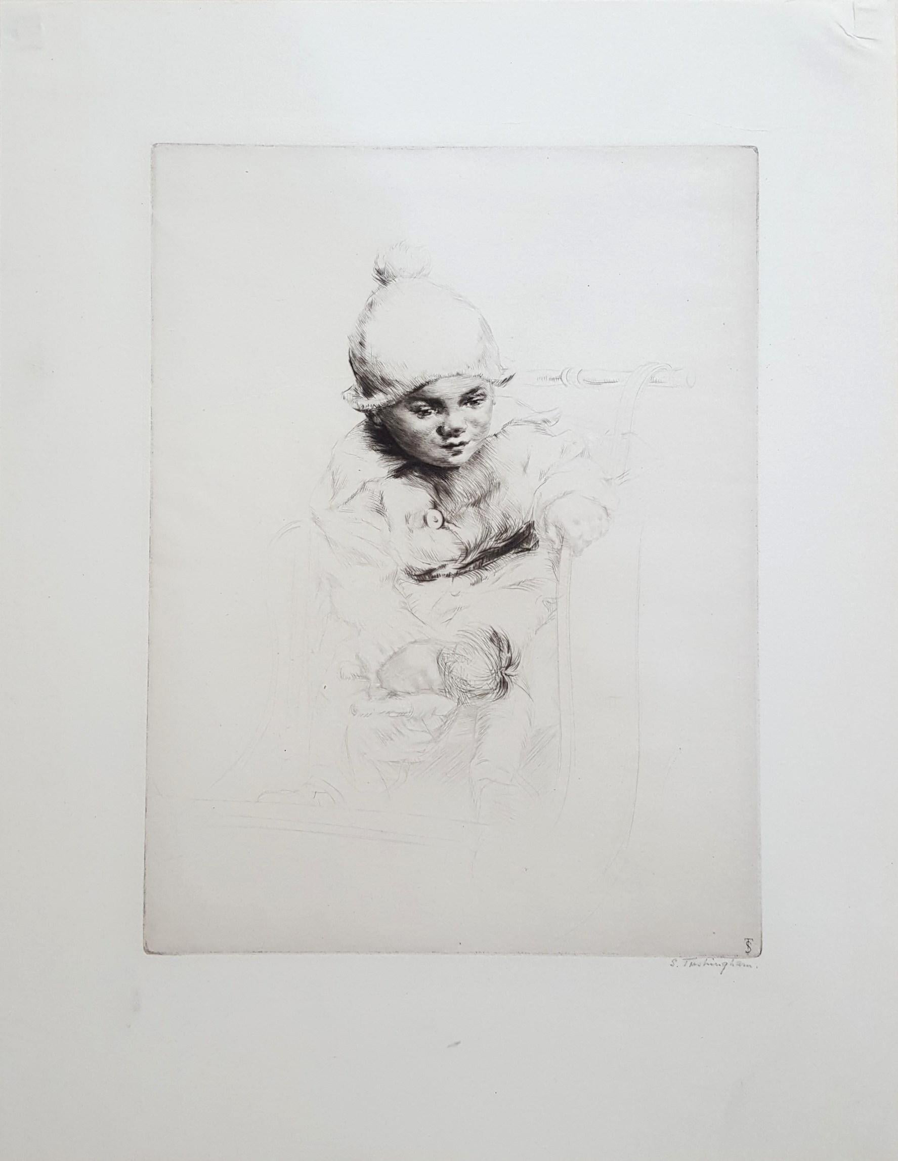 Peggy /// Antike viktorianische Radierung Porträt figurativ British Kinder Kind – Print von Sidney Tushingham