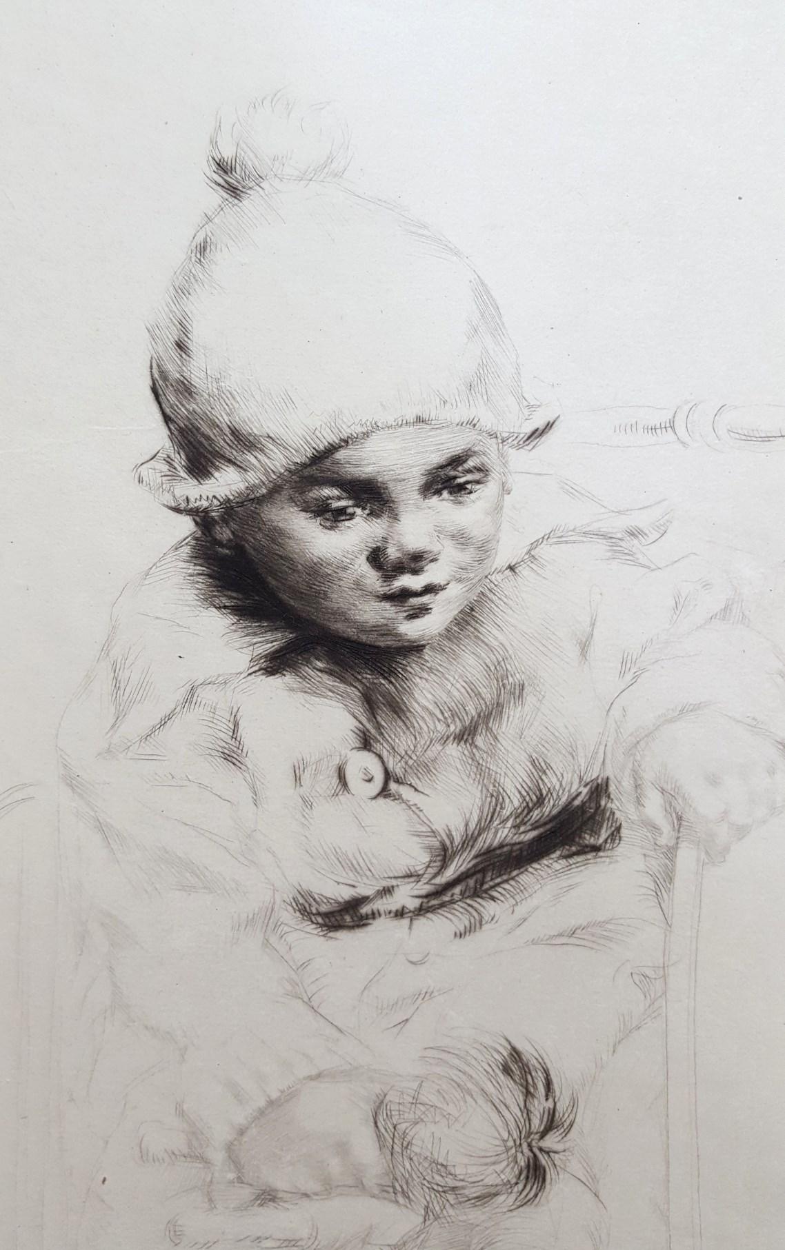 Peggy /// Antike viktorianische Radierung Porträt figurativ British Kinder Kind (Grau), Portrait Print, von Sidney Tushingham