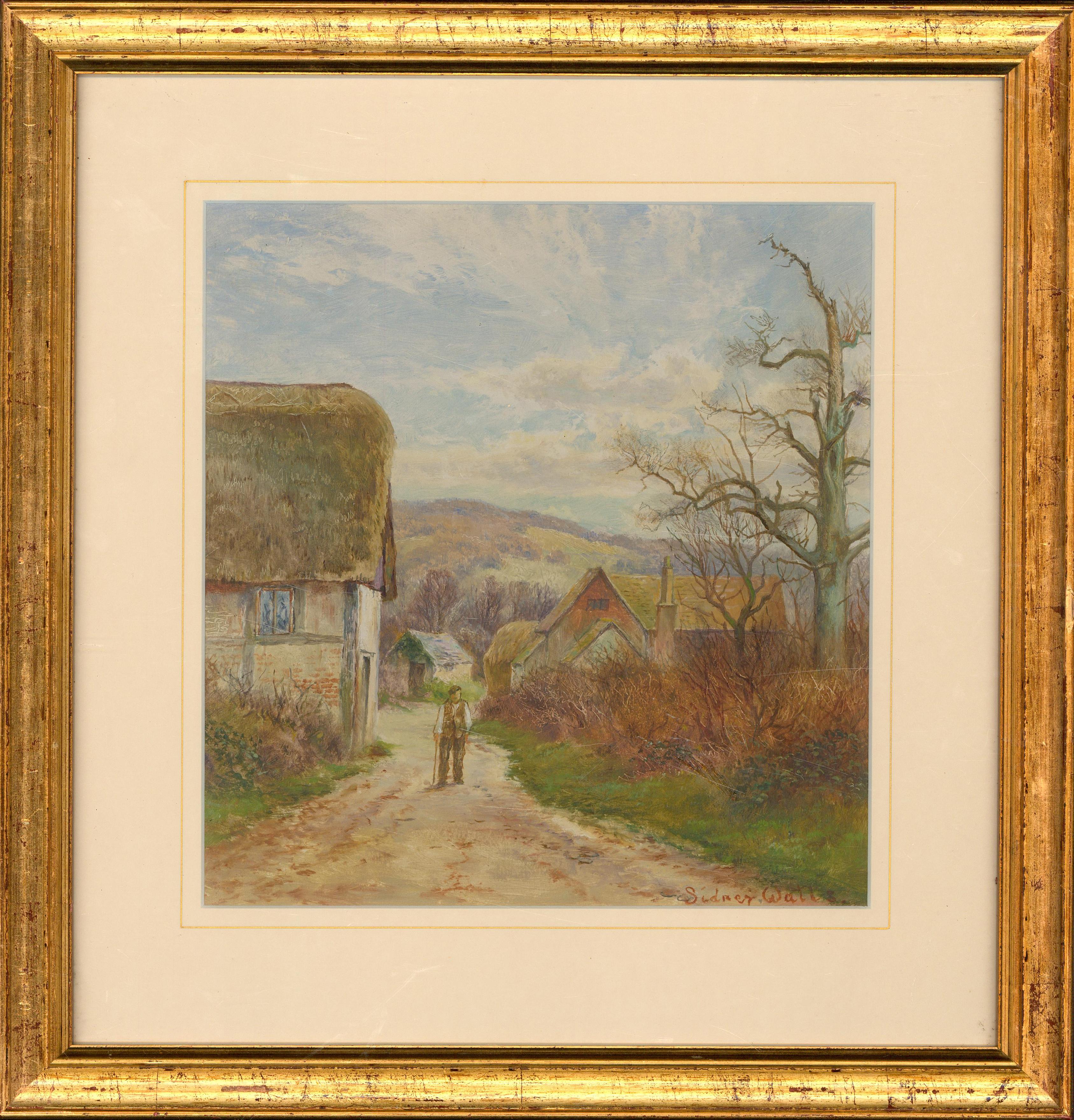 A pretty and quintessentially English scene in oil on paper showing a man taking a stroll through a hamlet surrounded by hills in late Autumn. The artist has a keen eye for colour and uses colour to great effect. He also employs sgraffito technique