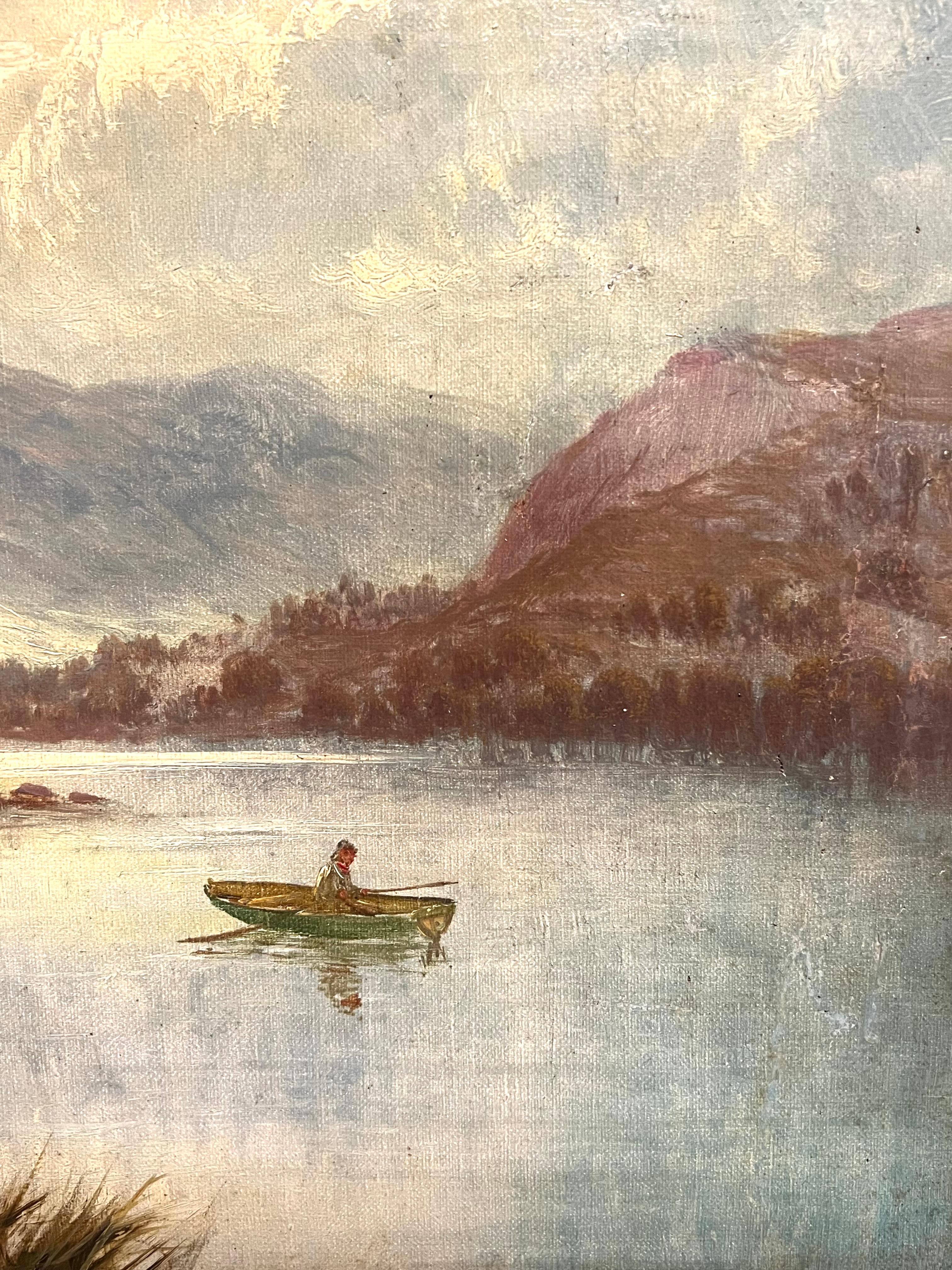 Antico dipinto firmato delle Highlands scozzesi con scena di laghetto e barcaiolo - Painting Vittoriano di Sidney Yates Johnson