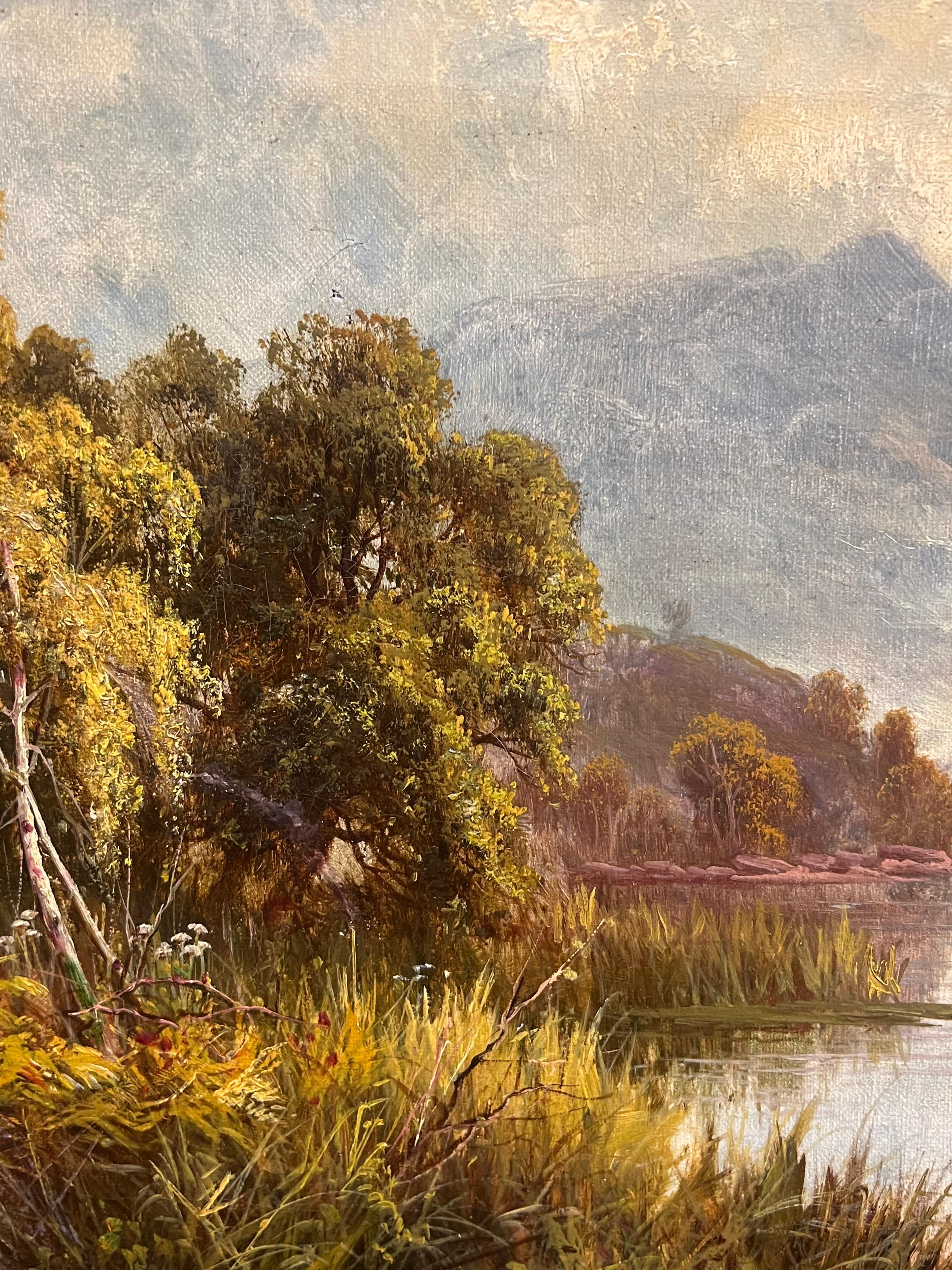 Antico dipinto firmato delle Highlands scozzesi con scena di laghetto e barcaiolo - Landscape Painting Beige di Sidney Yates Johnson