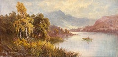 Antique Scottish Highlands Loch Scene with Boatman Tranquil Signed Painting