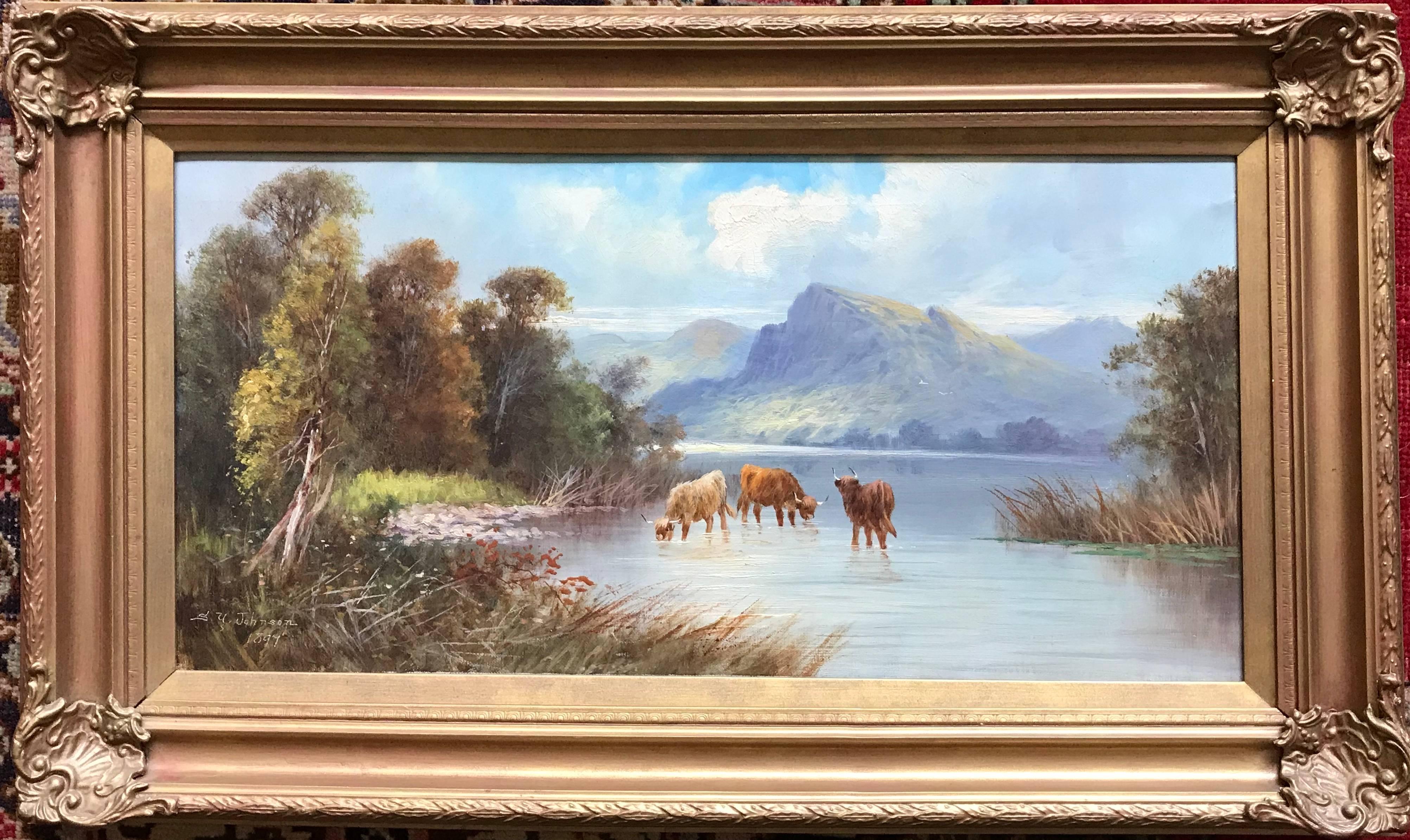 Cattle Watering Scottish Highland Loch, signed antique oil painting - Painting by Sidney Yates Johnson