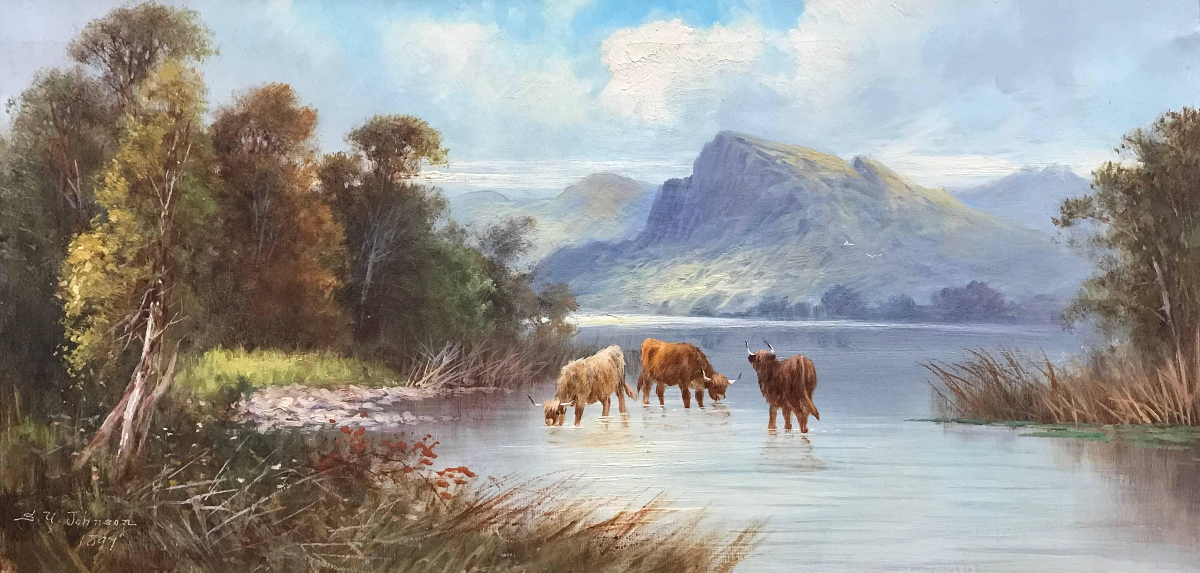 Sidney Yates Johnson Animal Painting - Cattle Watering Scottish Highland Loch, signed antique oil painting