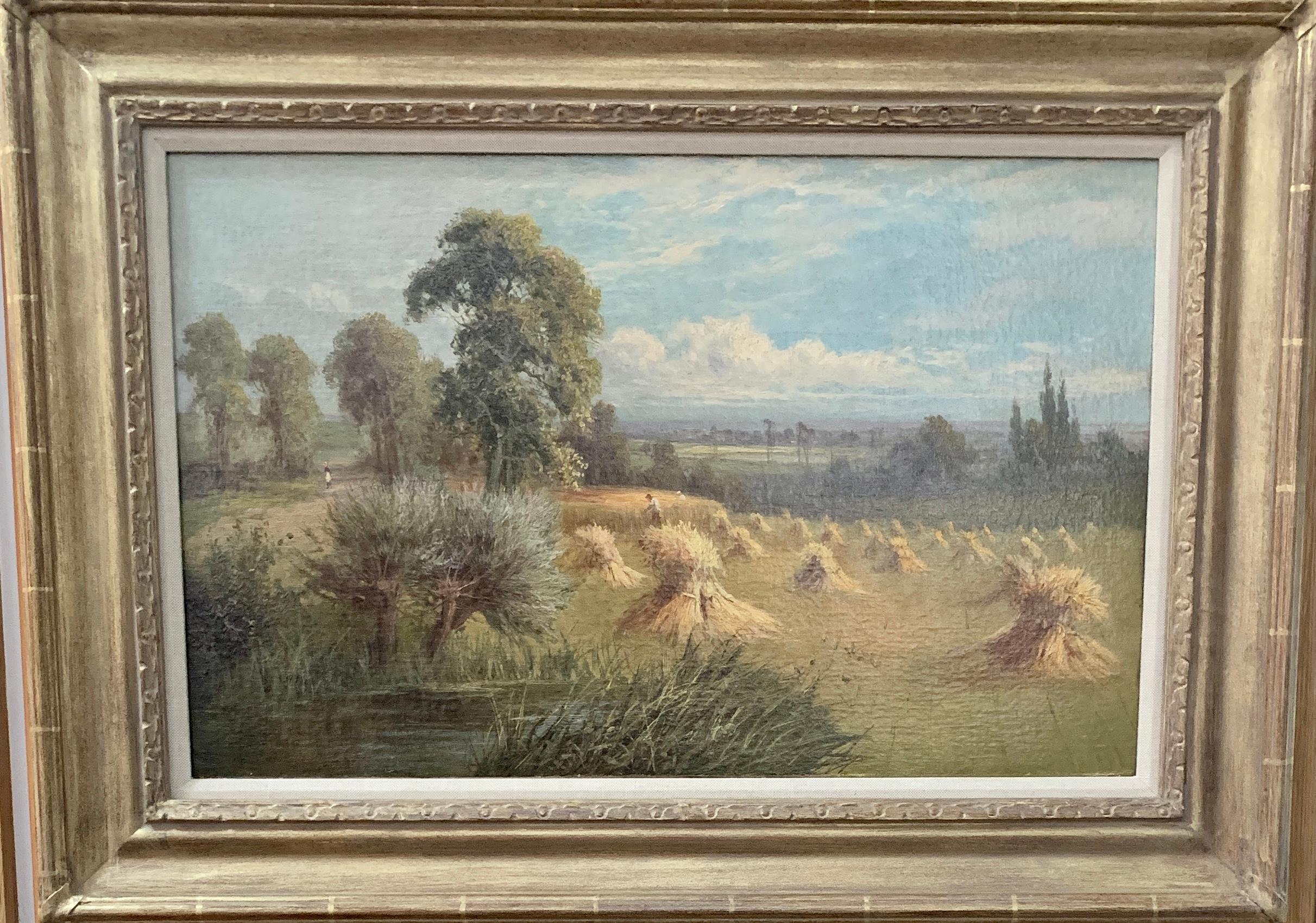 English 19th century landscape with farmers harvesting the hay, pond and Willow. - Painting by Sidney Yates Johnson