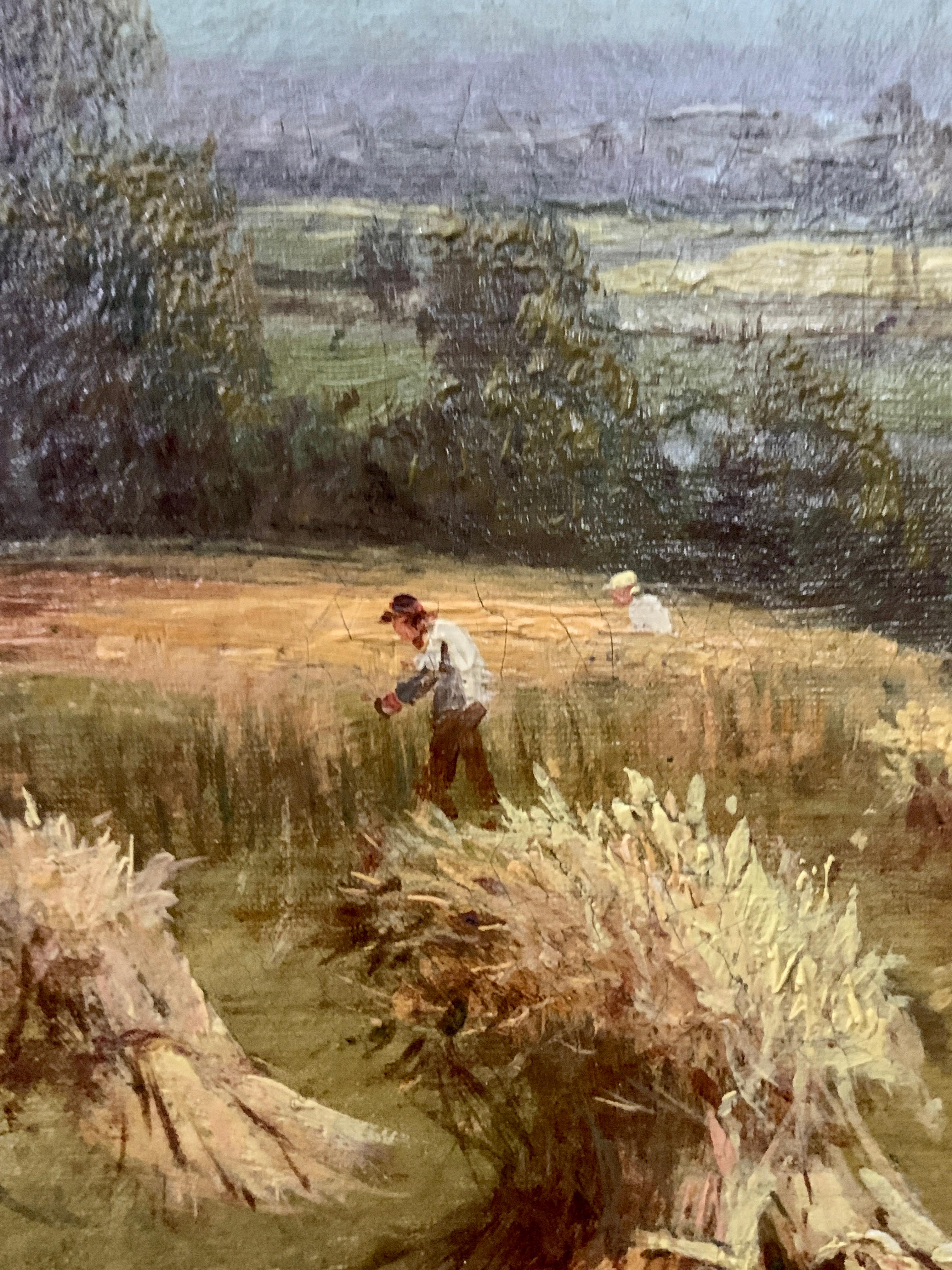 English 19th century landscape with farmers harvesting the hay, pond and Willow. - Brown Figurative Painting by Sidney Yates Johnson
