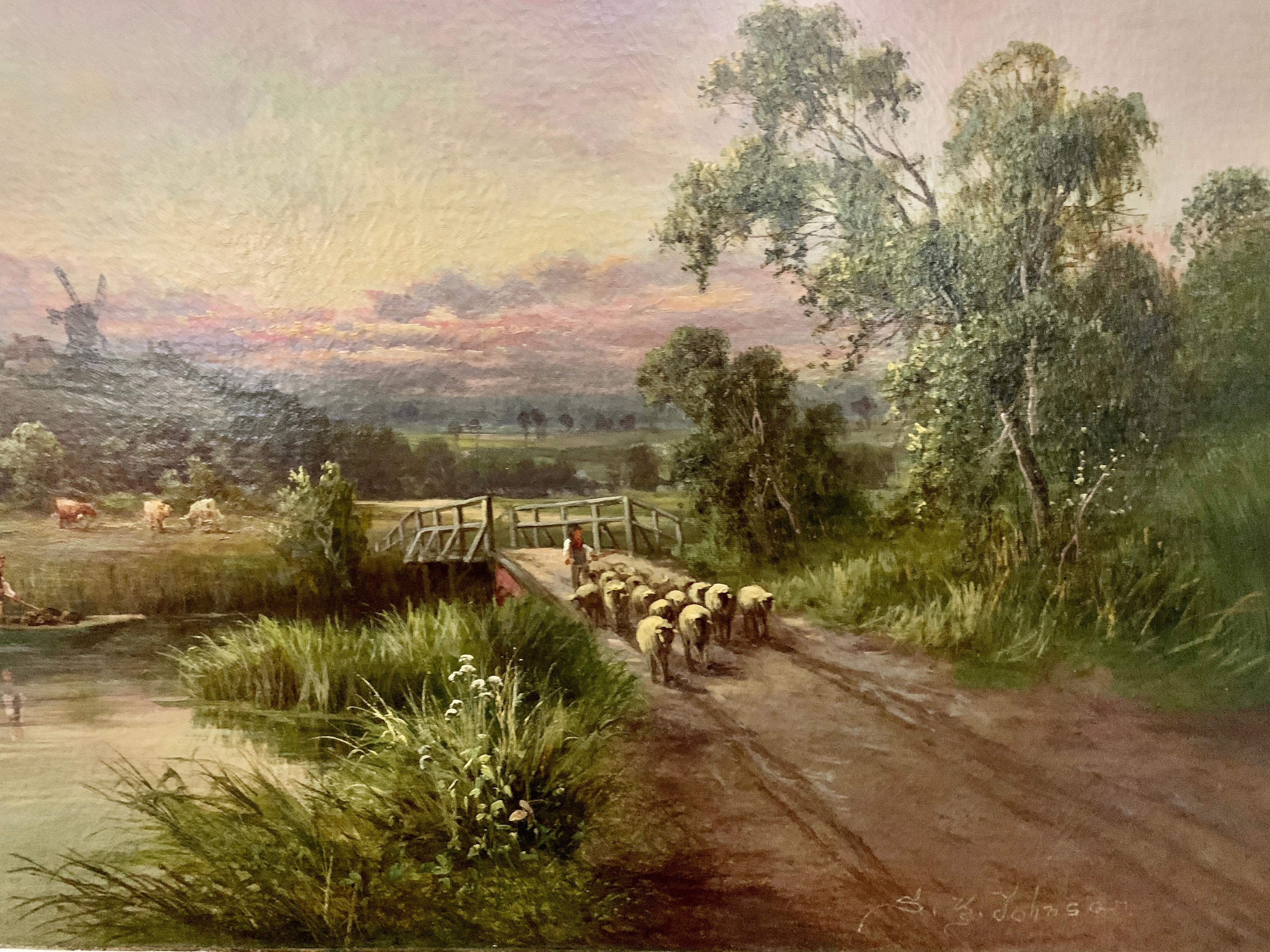 English 19th century River landscape with sheep, farmers , fisherman, windmill. - Painting by Sidney Yates Johnson