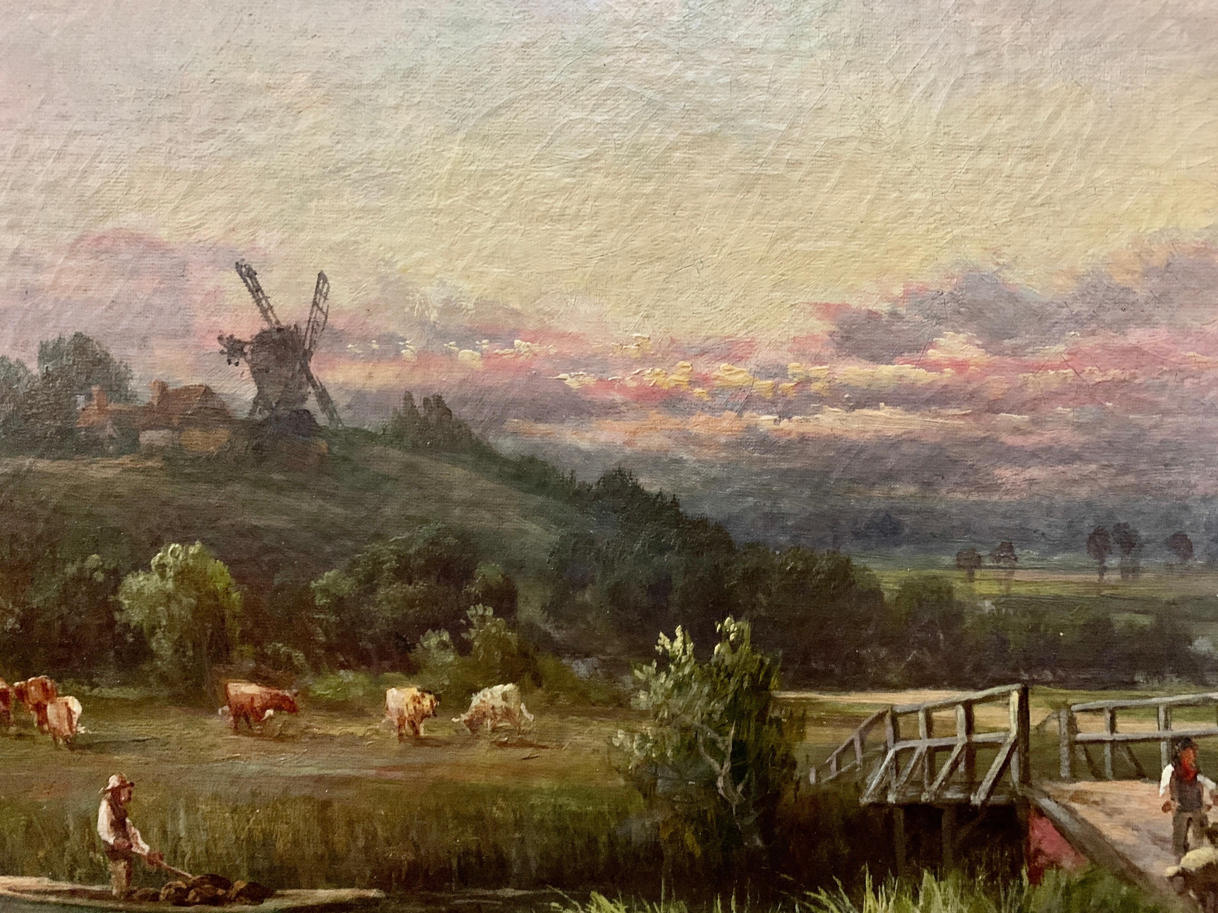 English 19th century River landscape with sheep, farmers, fisherman, with a windmill, just as the sun is setting.

A stunning late 19th/early 20th-century oil painting by the highly collected English School landscape painter, Sidney Yates Johnson.