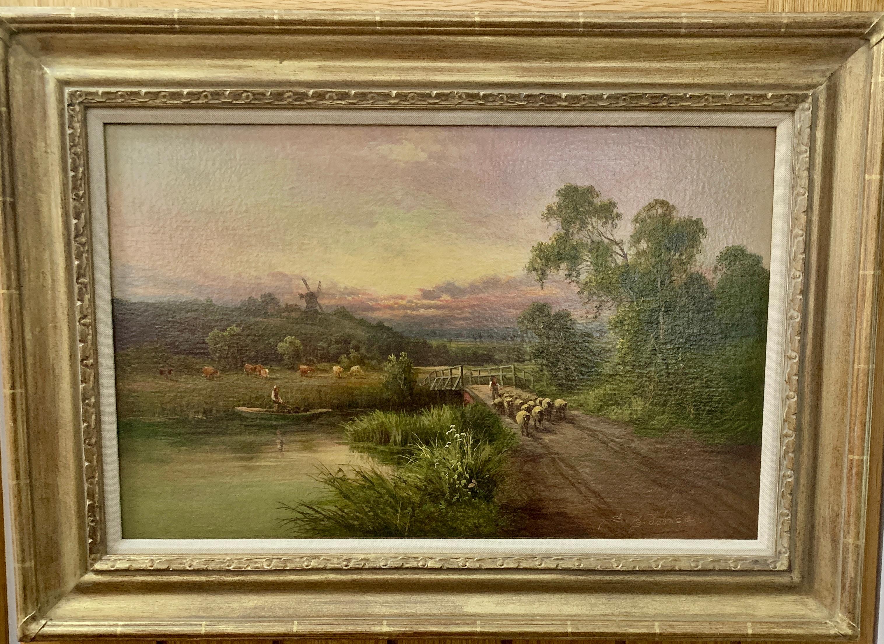 Sidney Yates Johnson Figurative Painting - English 19th century River landscape with sheep, farmers , fisherman, windmill.