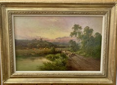 English 19th century River landscape with sheep, farmers , fisherman, windmill.