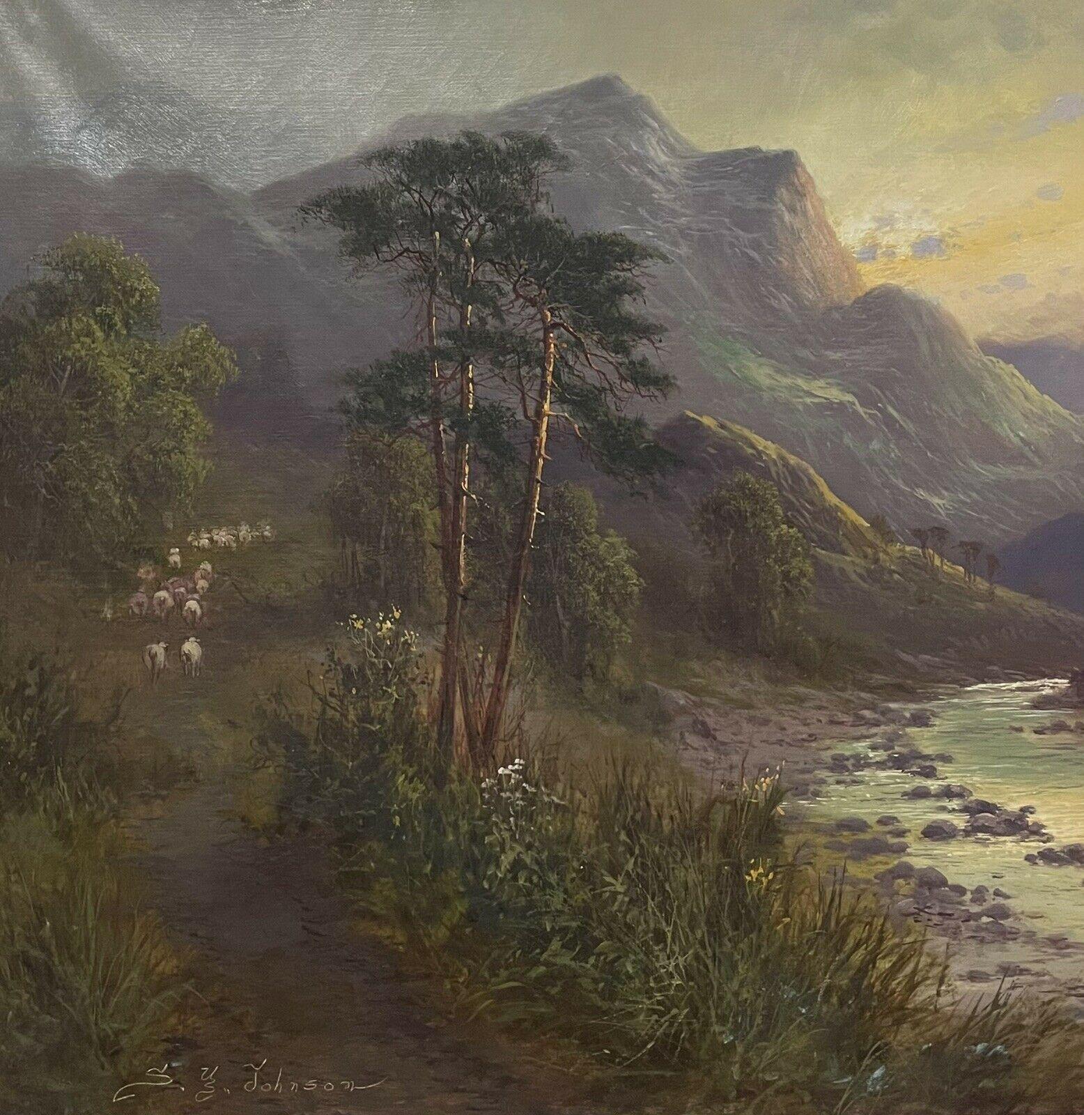 Grande peinture à l'huile ancienne de paysage écossais des Highlands, représentant des moutons dans une vallée de la rivière - Victorien Painting par Sidney Yates Johnson