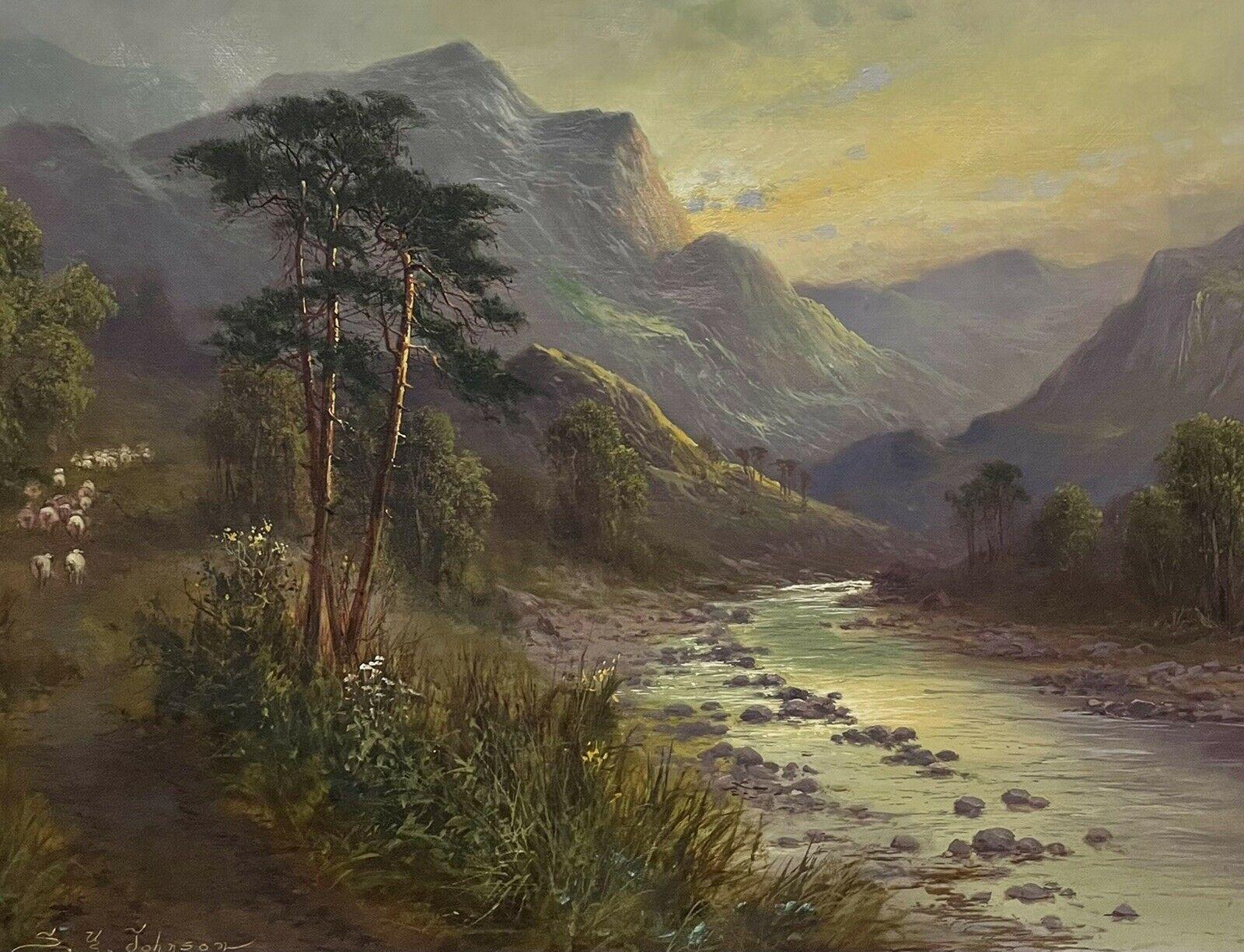 Grande peinture à l'huile ancienne de paysage écossais des Highlands, représentant des moutons dans une vallée de la rivière - Gris Landscape Painting par Sidney Yates Johnson