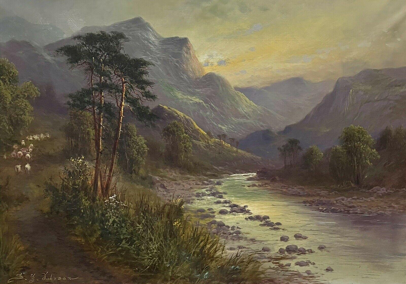 Landscape Painting Sidney Yates Johnson - Grande peinture à l'huile ancienne de paysage écossais des Highlands, représentant des moutons dans une vallée de la rivière