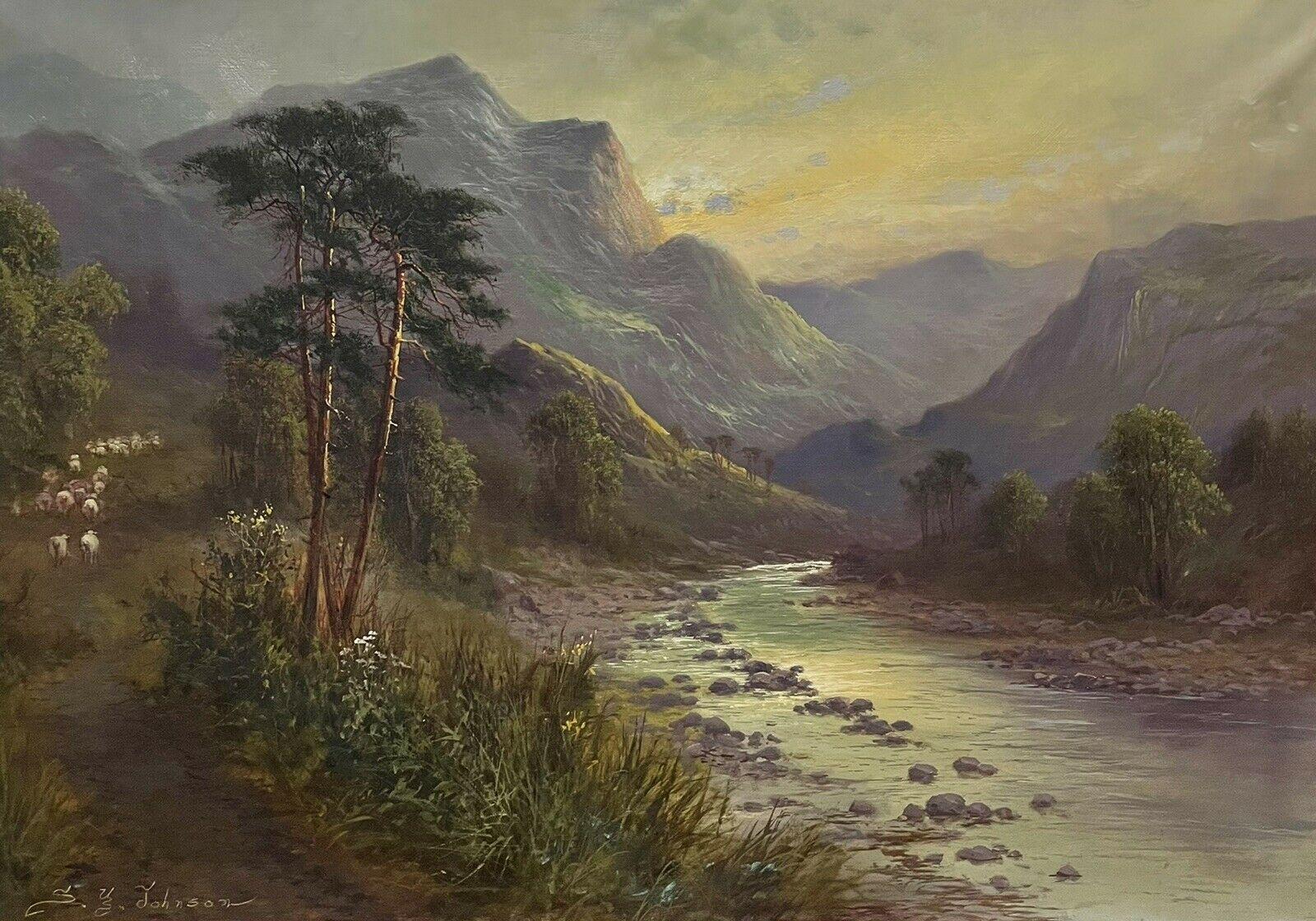 Landscape Painting de Sidney Yates Johnson - Gran cuadro al óleo antiguo de paisaje escocés de las Highlands Ovejas en el valle del río