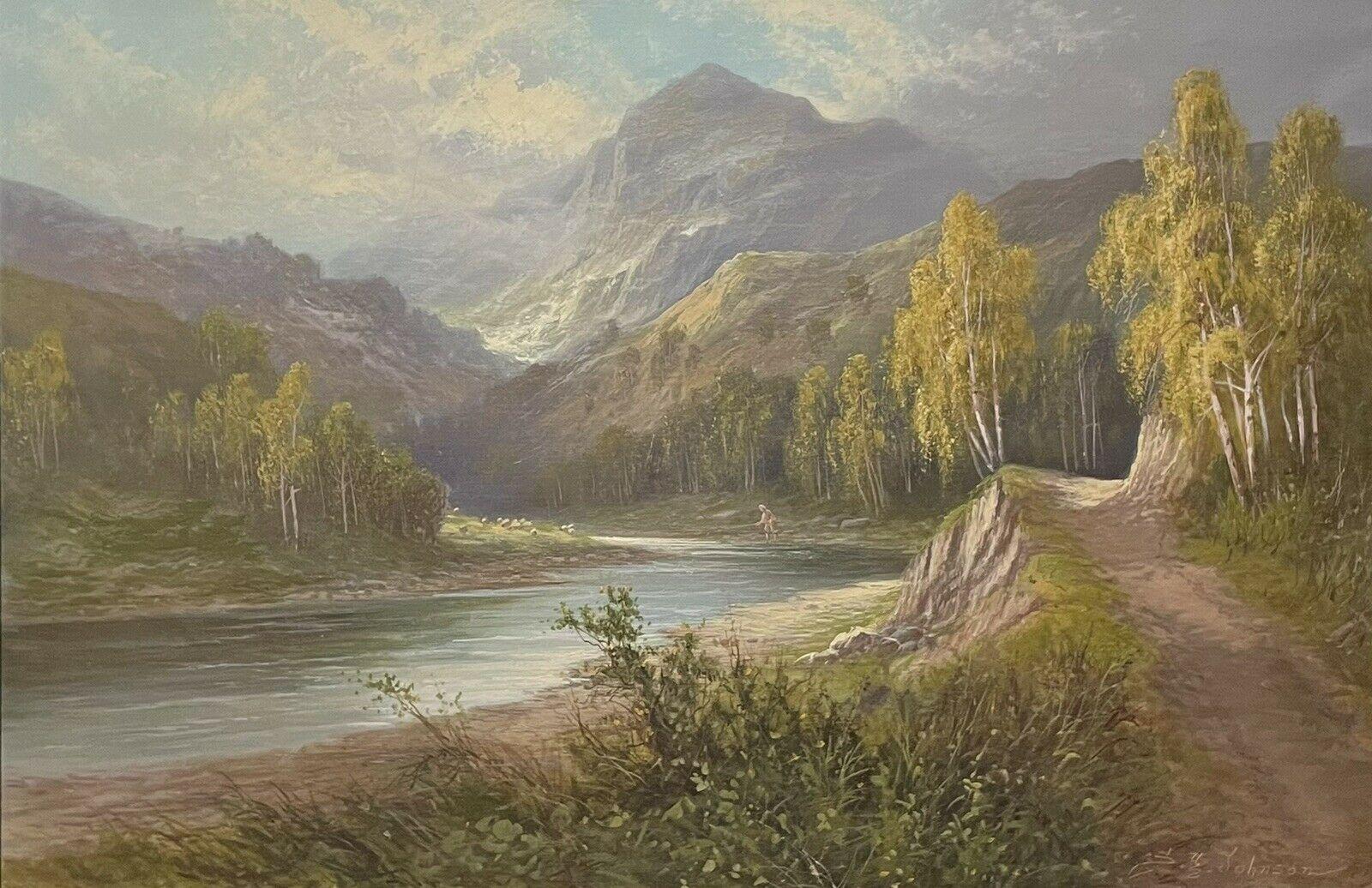 Sidney Yates Johnson Landscape Painting - Large Antique Scottish Highlands Signed Oil Painting - Summertime River Glen