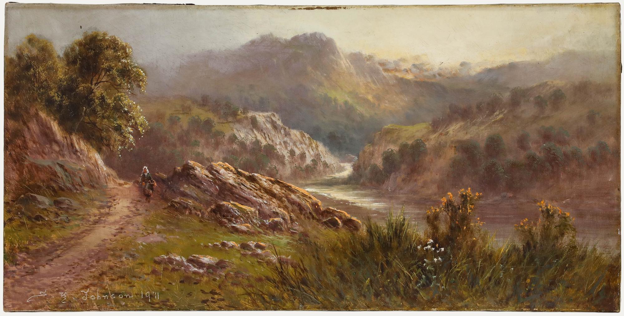 An atmospheric twentieth-century oil painting by the artist Sydney Yates Johnson. A lone figure walks towards the viewer against an expansive mountain backdrop. Signed and dated to the lower left. On canvas on stretchers.