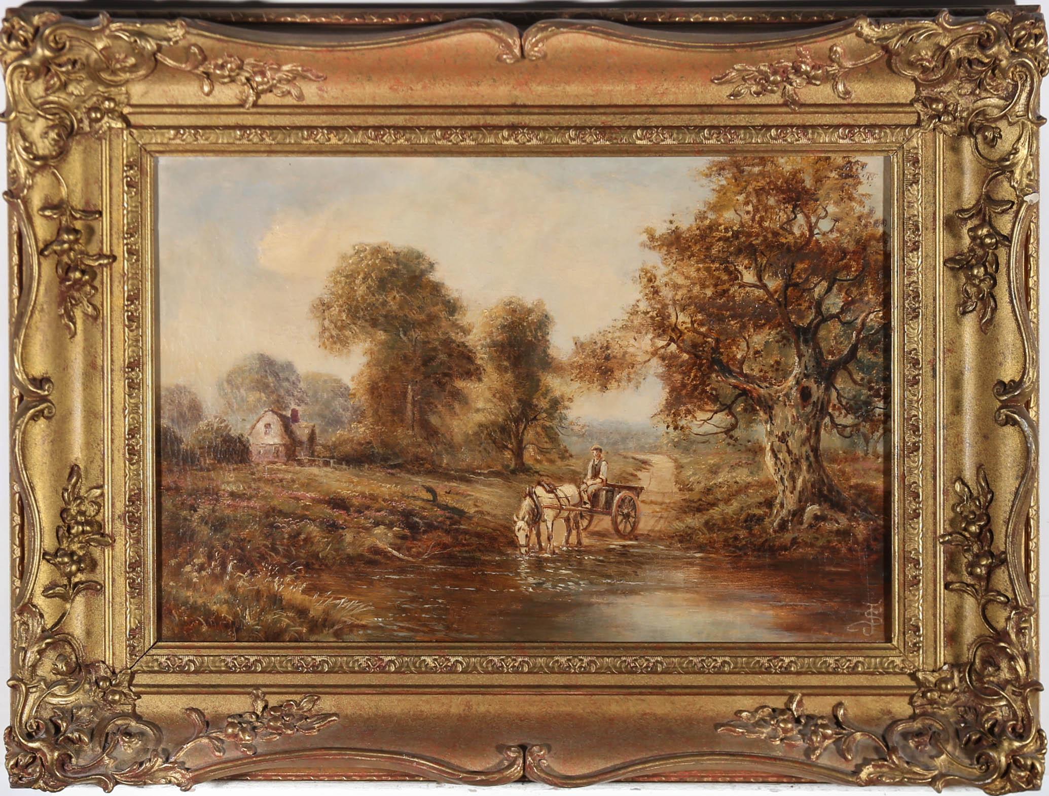A charmingly rustic turn of the Century landscape showing a view of a pond near Guildford, Surrey. A cart horse pauses to drink at the edge. The artist has monogrammed to the lower right corner and the painting has been presented in a 20th Century