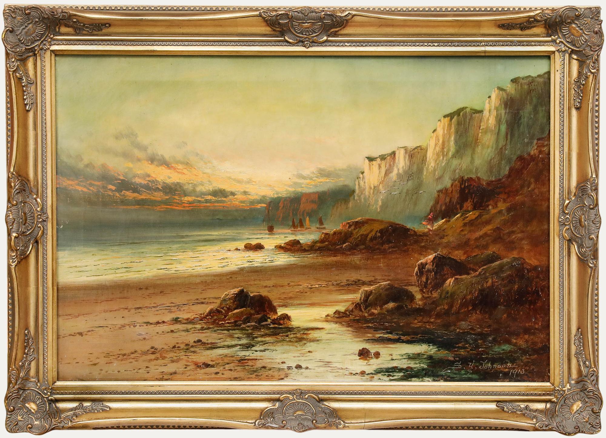 Sidney Yates Johnson (fl.1890-1926) - Framed 1913 Oil, Sunset at Low Tide