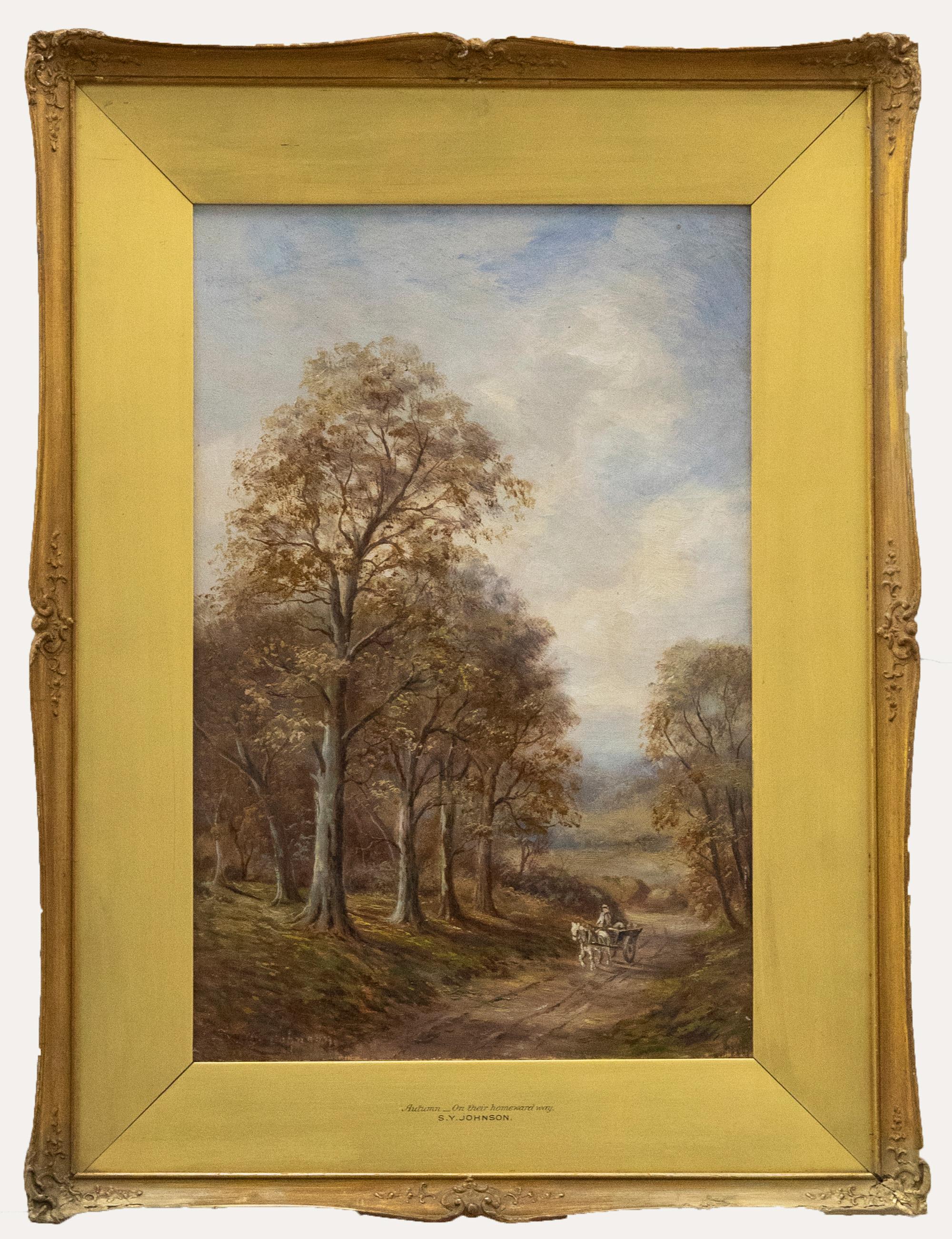 A stunning late 19th/early 20th century oil painting by the highly collected English School painter Sidney Yates Johnson. This excellent example of the artist's oeuvre depicts a figure on his homeward way, riding his horse and cart through an