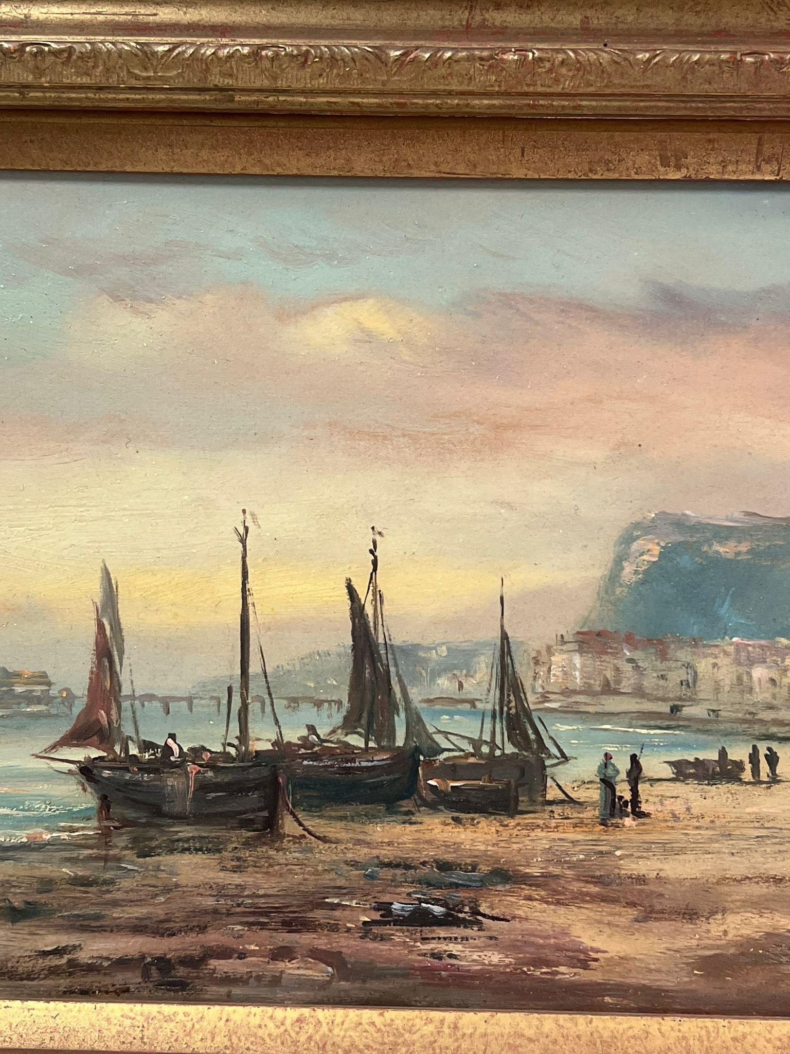 Victorian English Oil Painting Fisherboats on Beach Coastline & Figures Sunset 2