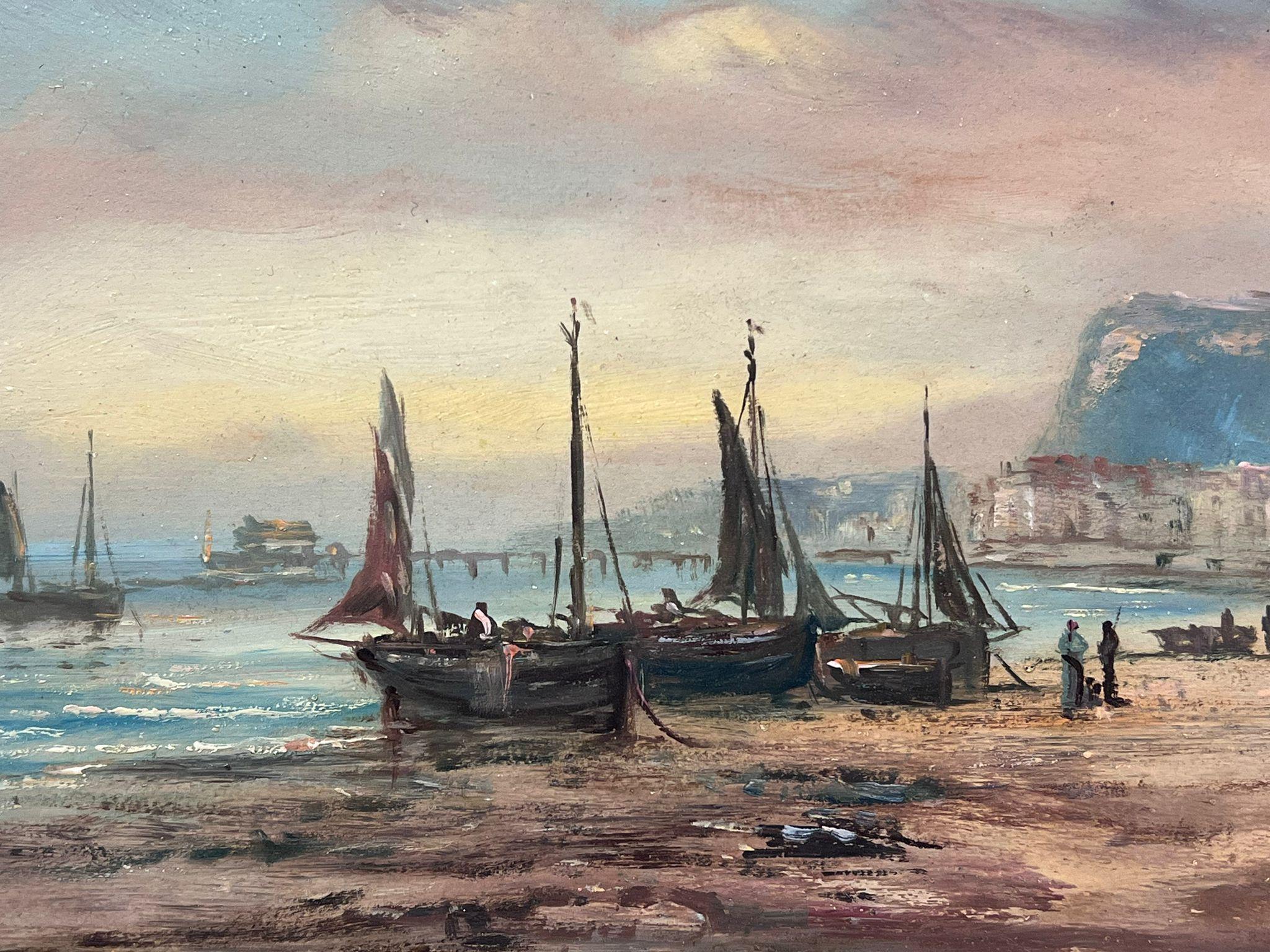Victorian English Oil Painting Fisherboats on Beach Coastline & Figures Sunset 4