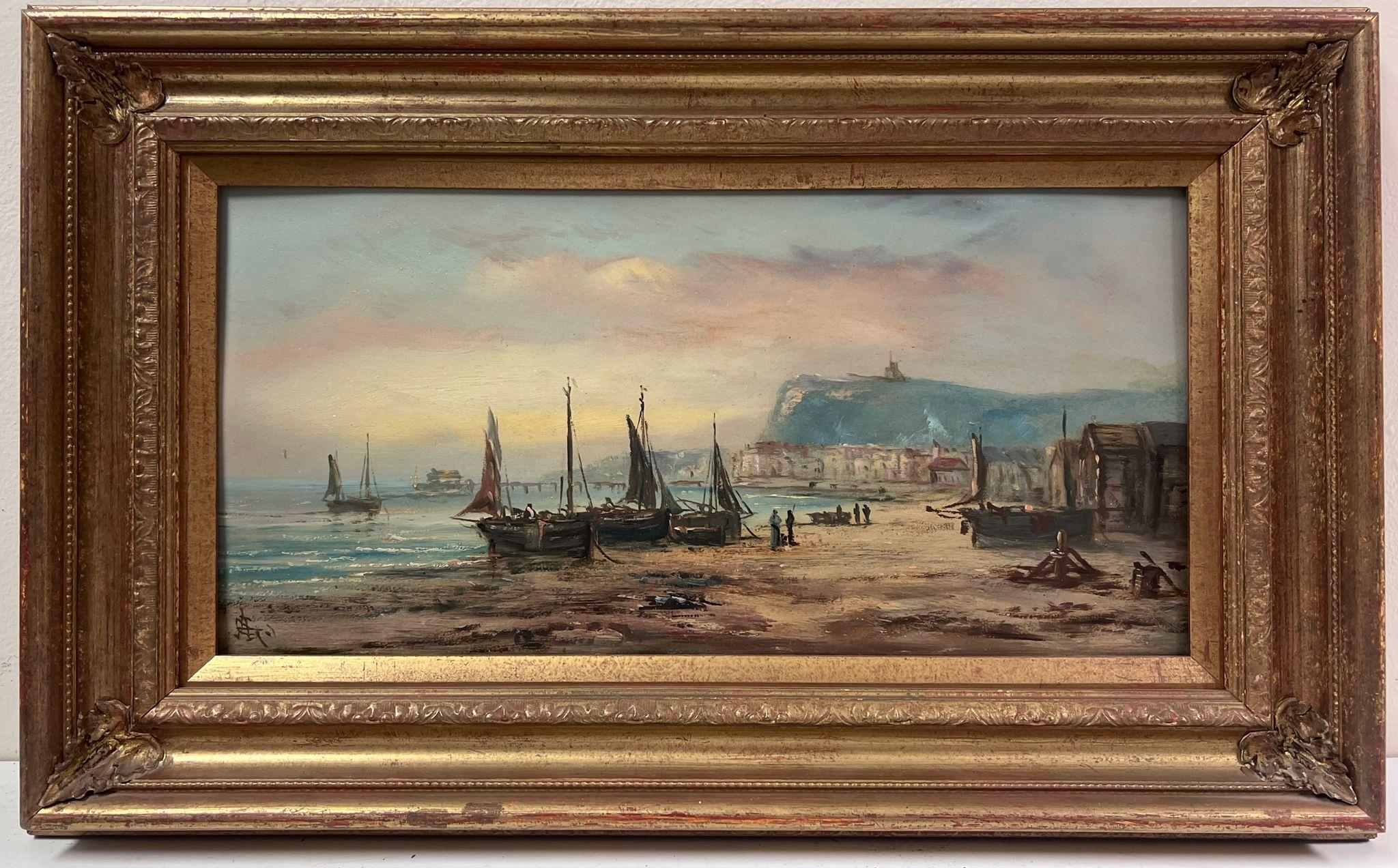 Victorian English Oil Painting Fisherboats on Beach Coastline & Figures Sunset