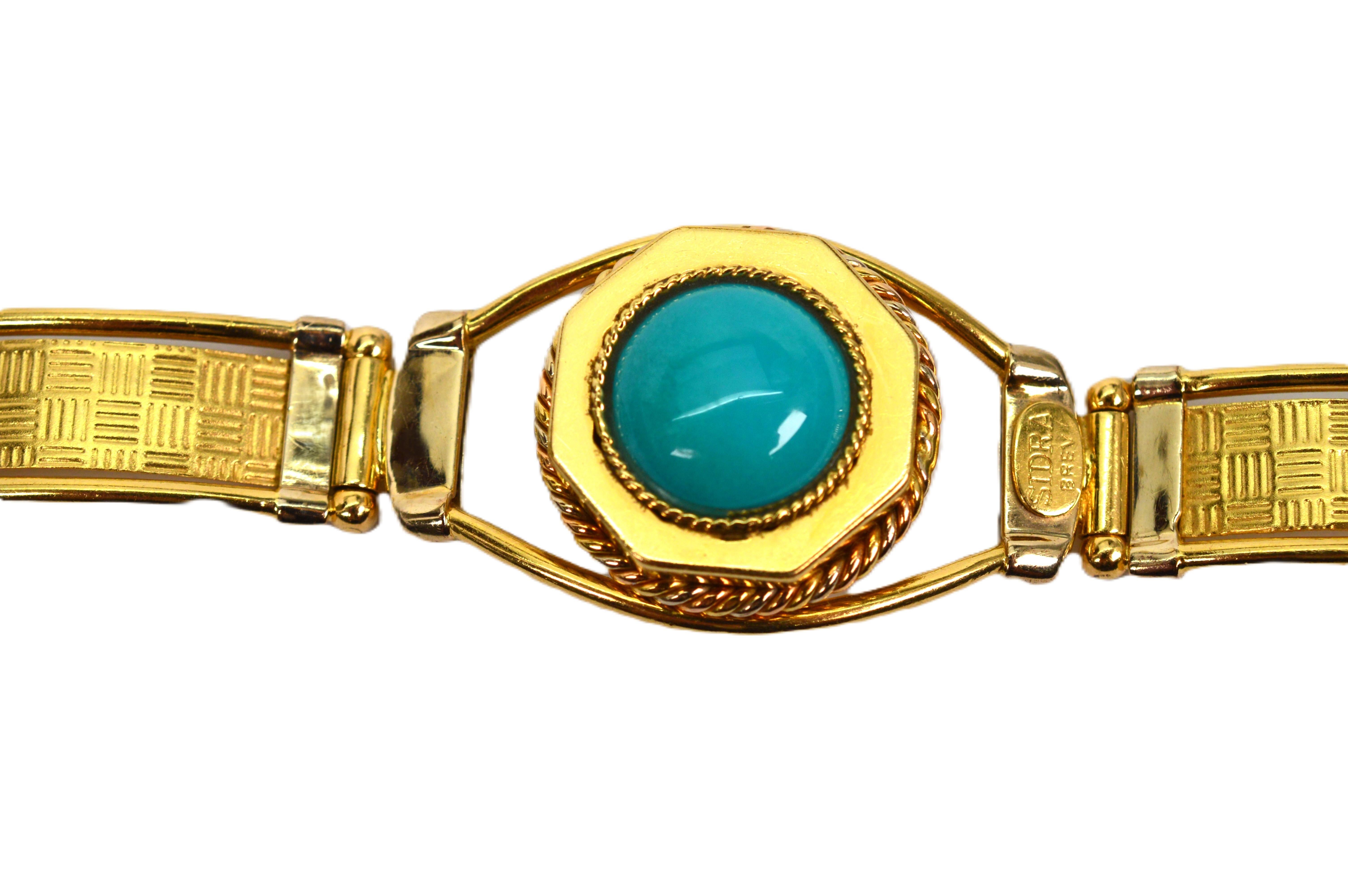 SIDRA BREV Italy 18 Karat Yellow Gold Link Bracelet with Turquoise Cabochon For Sale 6