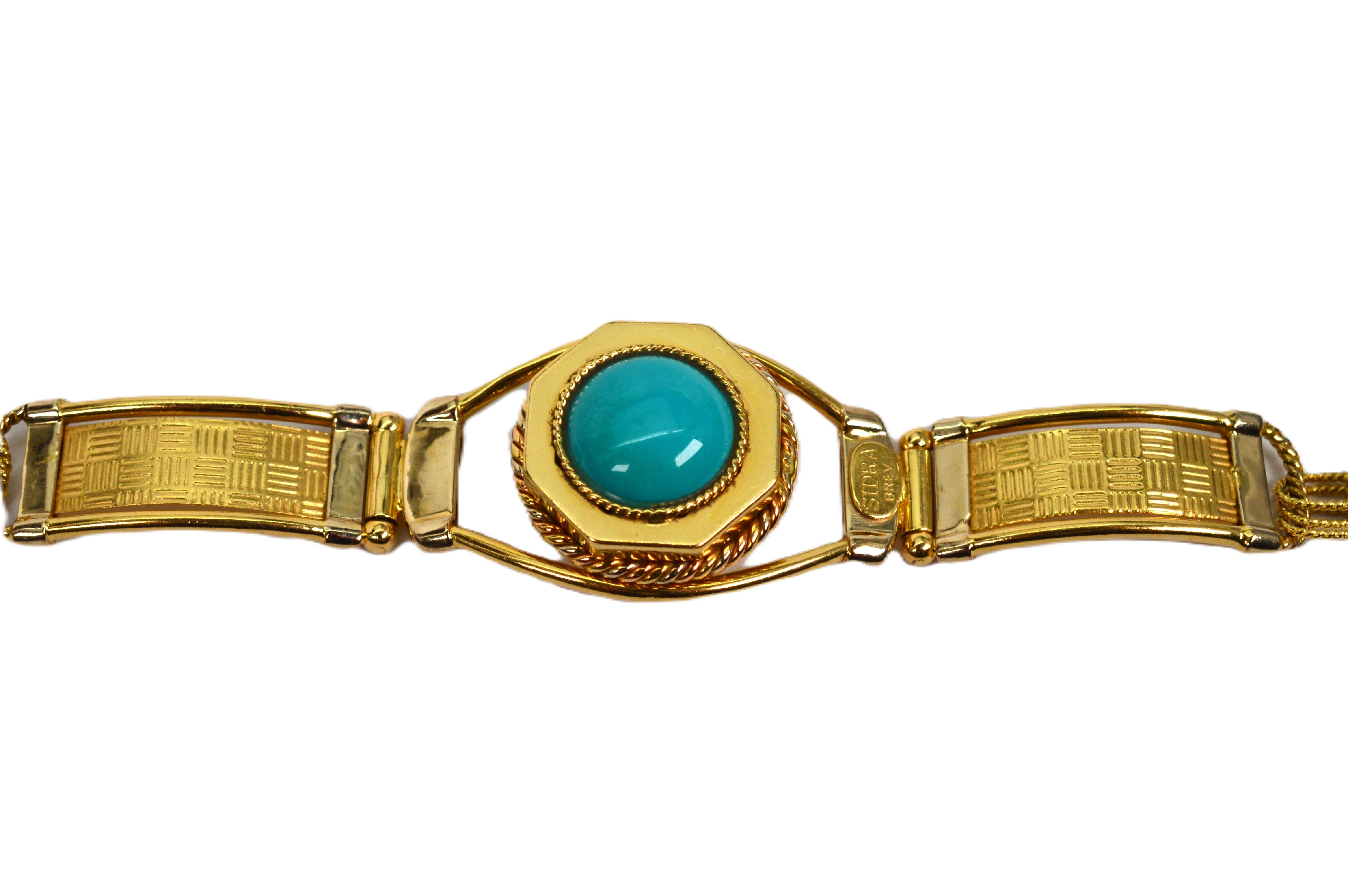 SIDRA BREV Italy 18 Karat Yellow Gold Link Bracelet with Turquoise Cabochon For Sale 7