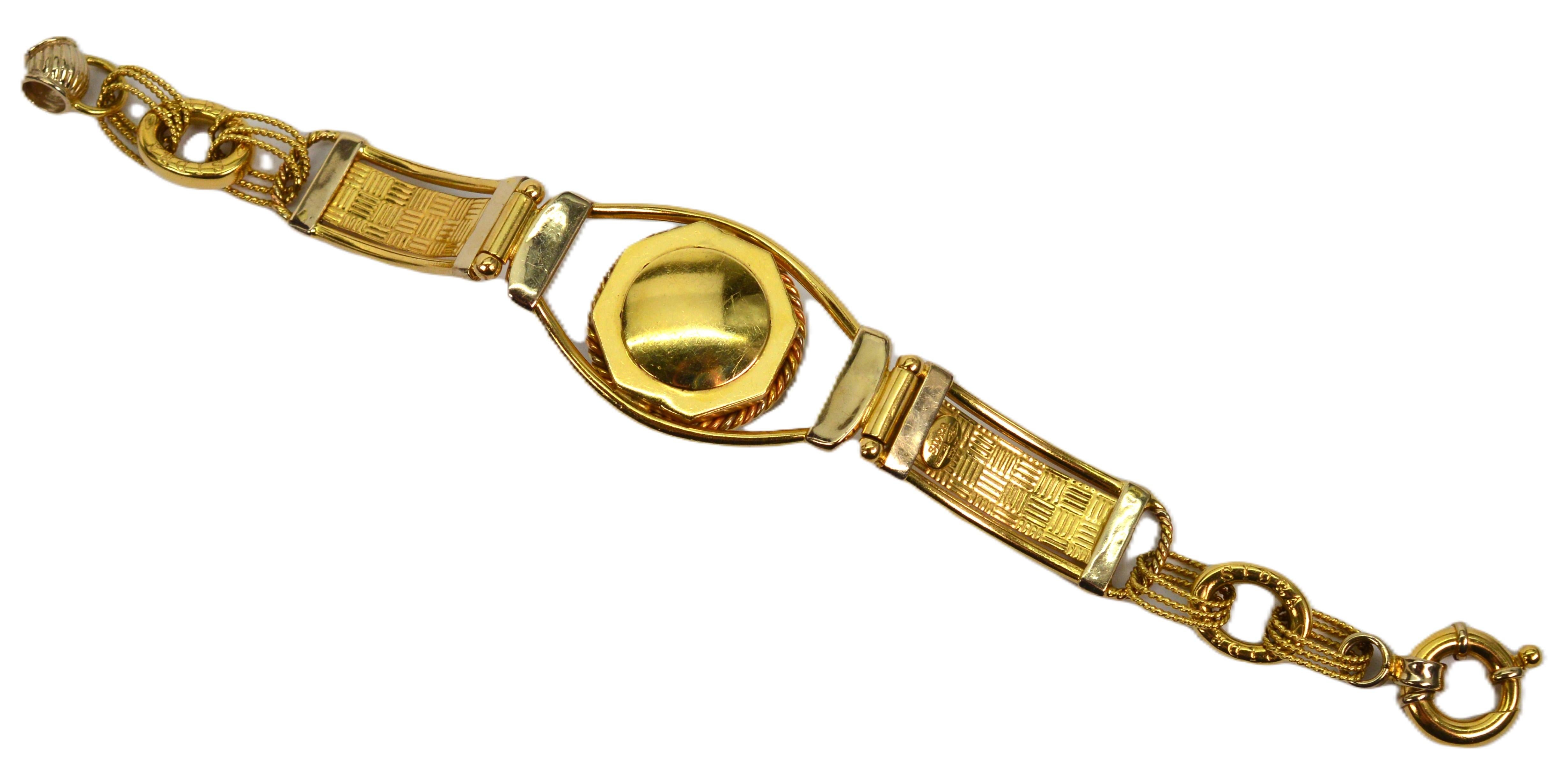 SIDRA BREV Italy 18 Karat Yellow Gold Link Bracelet with Turquoise Cabochon For Sale 11