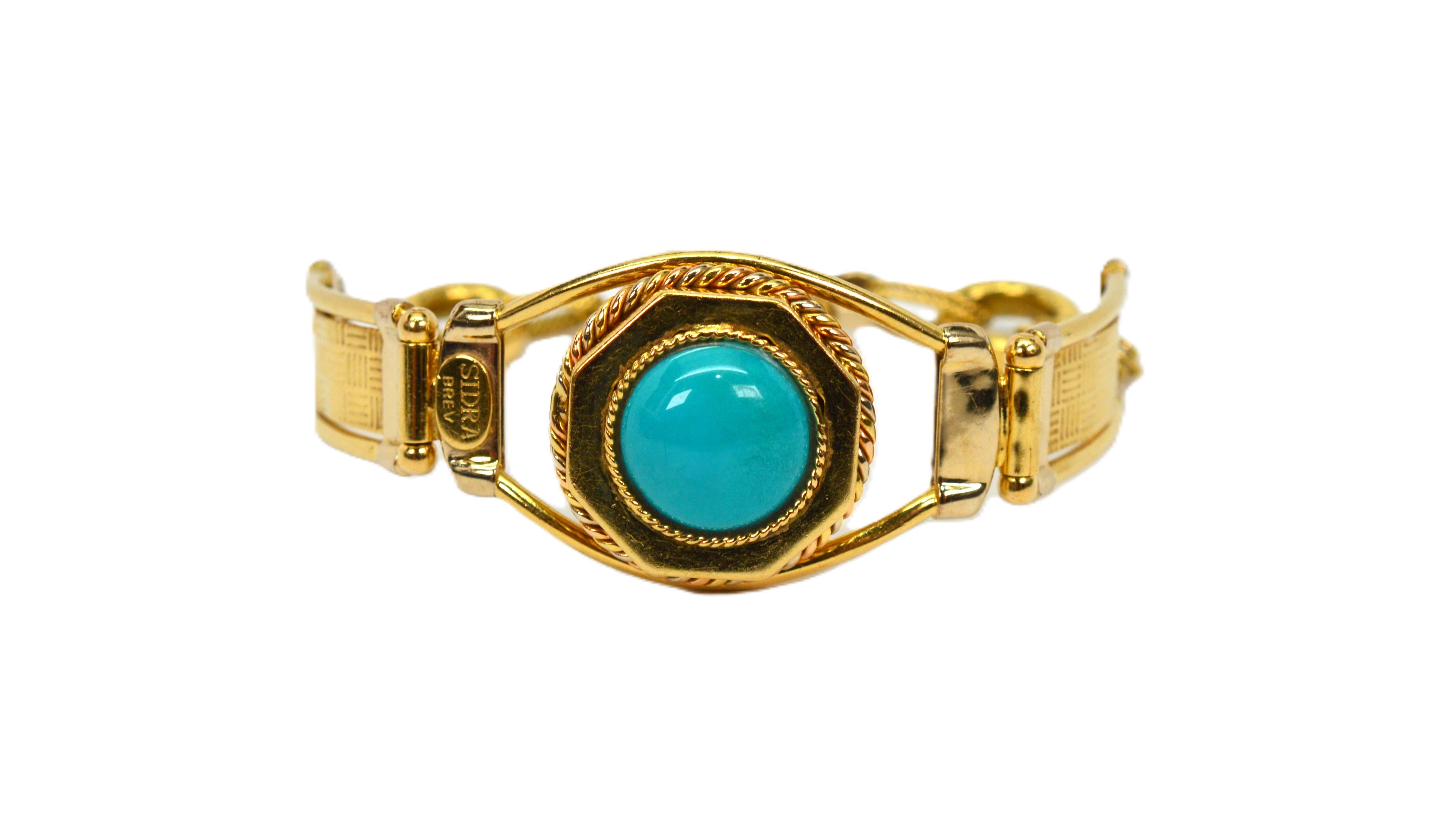 SIDRA BREV Italy 18 Karat Yellow Gold Link Bracelet with Turquoise Cabochon For Sale 12