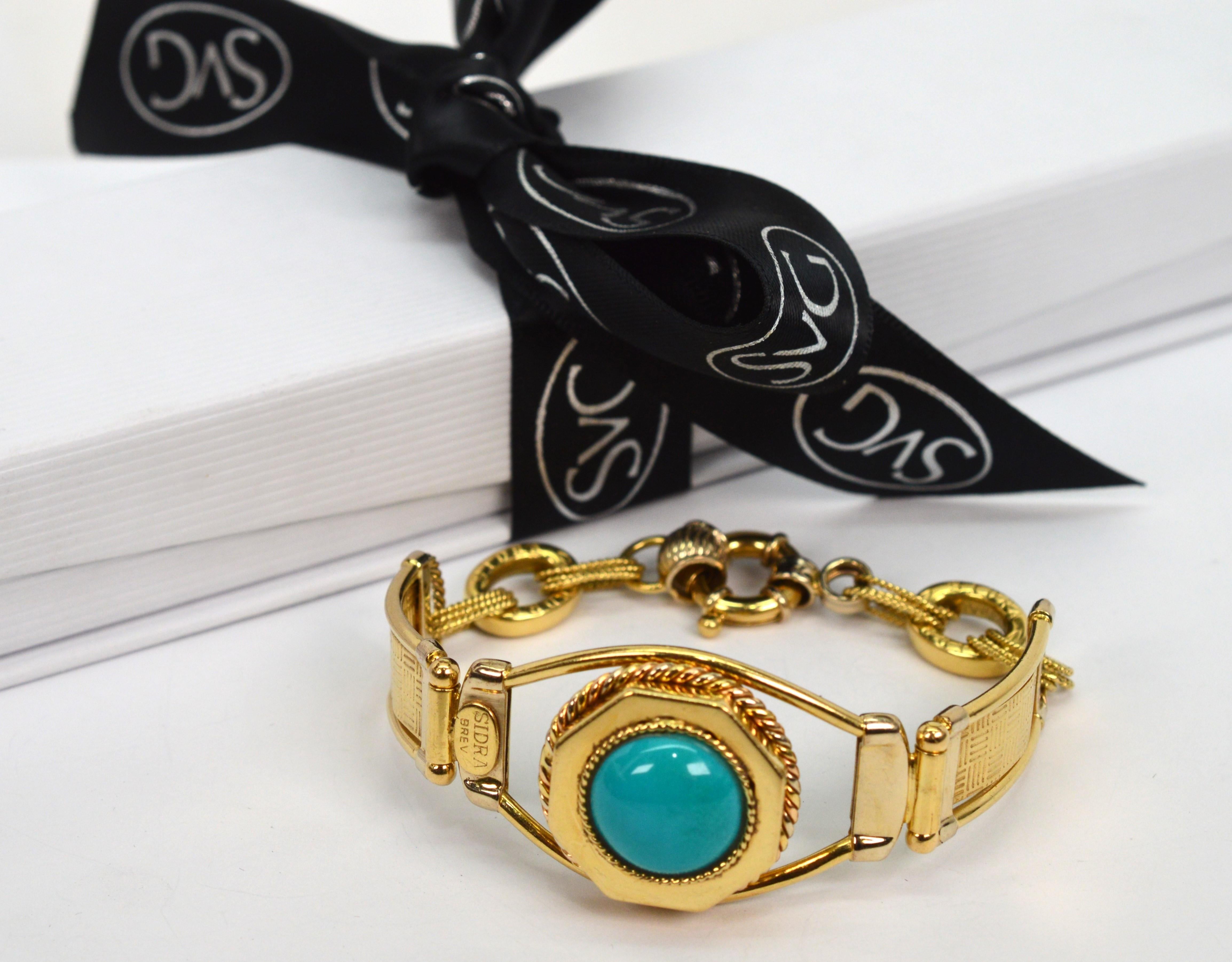 SIDRA BREV Italy 18 Karat Yellow Gold Link Bracelet with Turquoise Cabochon For Sale 13