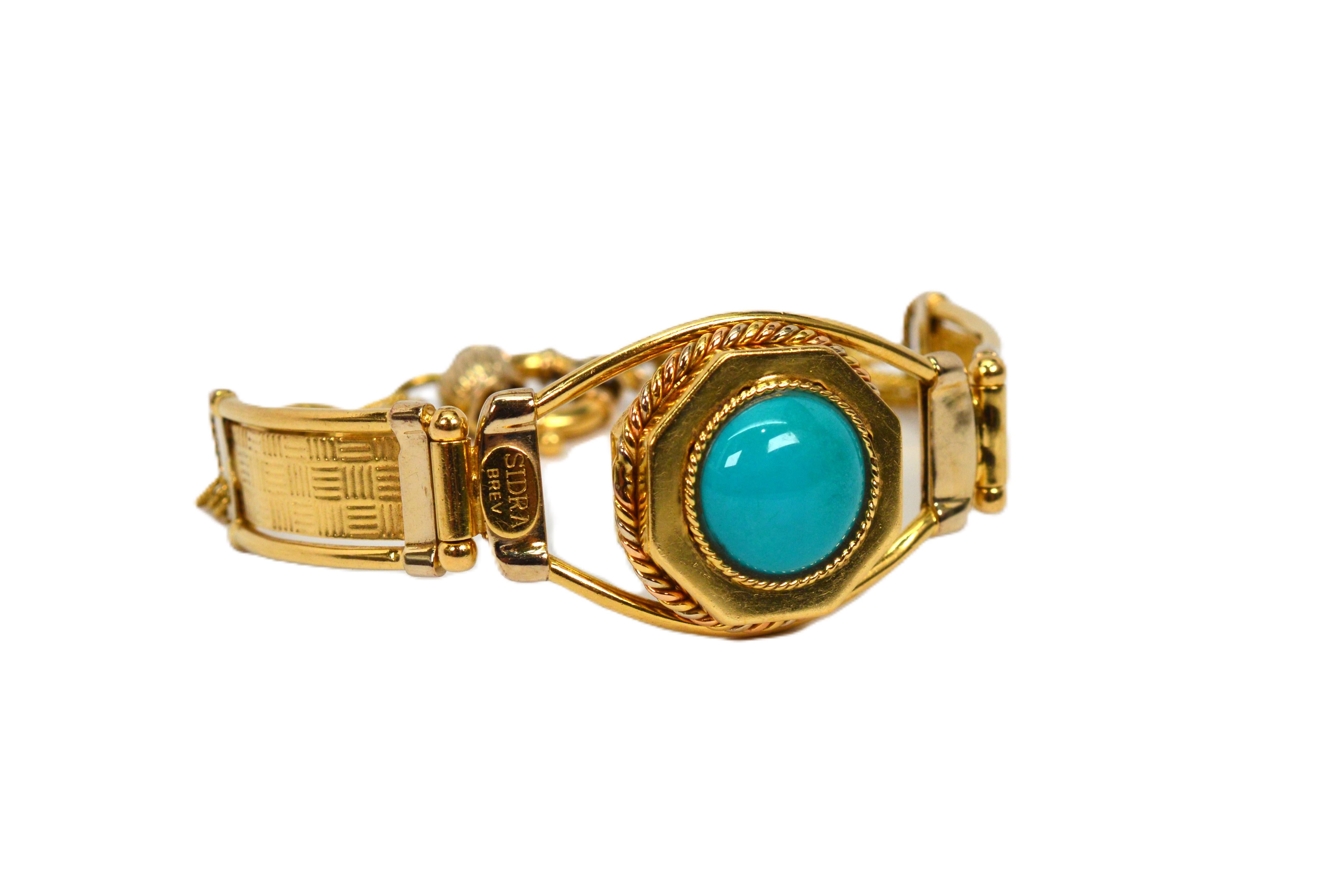 SIDRA BREV Italy 18 Karat Yellow Gold Link Bracelet with Turquoise Cabochon In Good Condition For Sale In Mount Kisco, NY