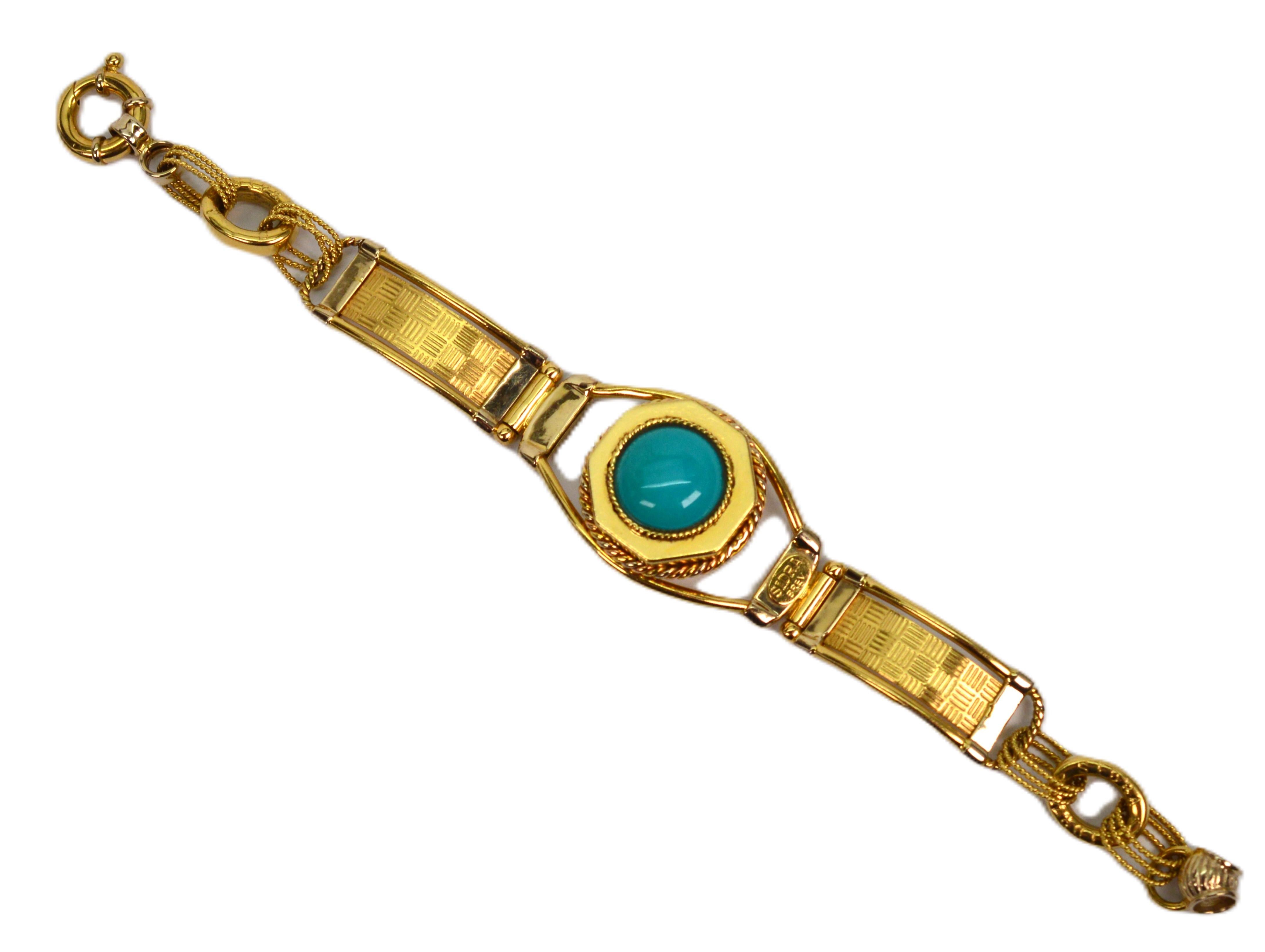 Women's SIDRA BREV Italy 18 Karat Yellow Gold Link Bracelet with Turquoise Cabochon For Sale