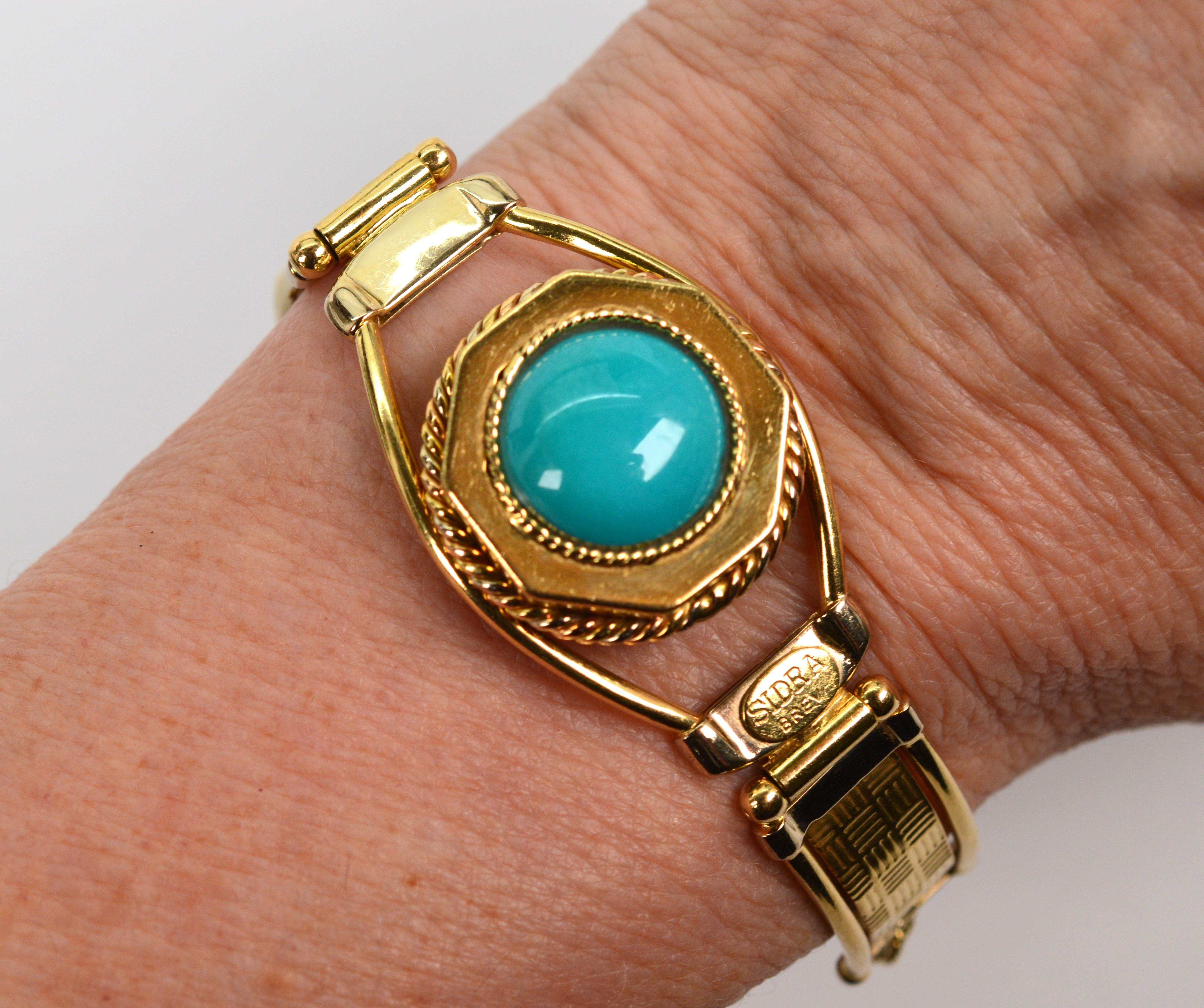 SIDRA BREV Italy 18 Karat Yellow Gold Link Bracelet with Turquoise Cabochon For Sale 2