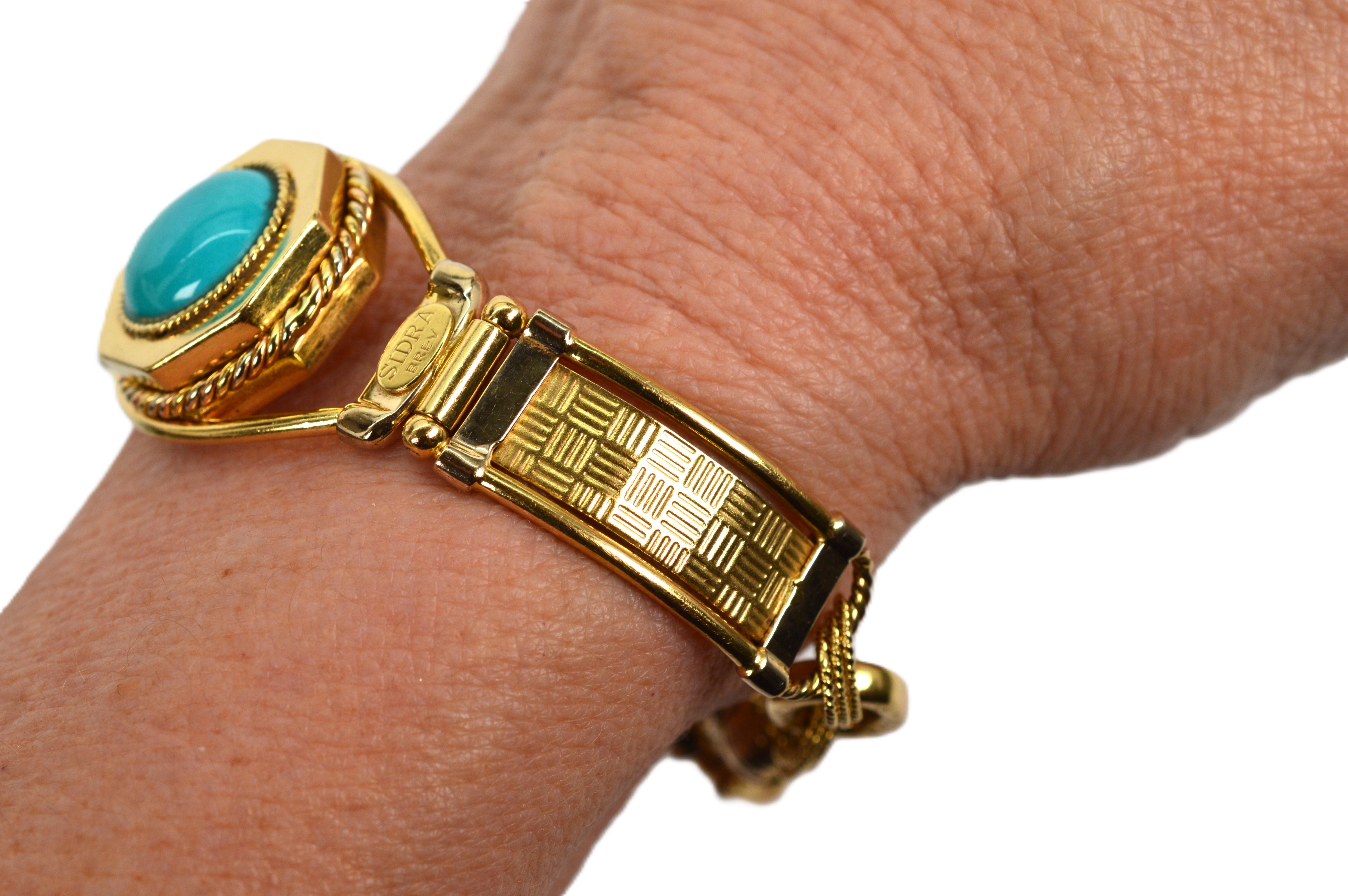 SIDRA BREV Italy 18 Karat Yellow Gold Link Bracelet with Turquoise Cabochon For Sale 3