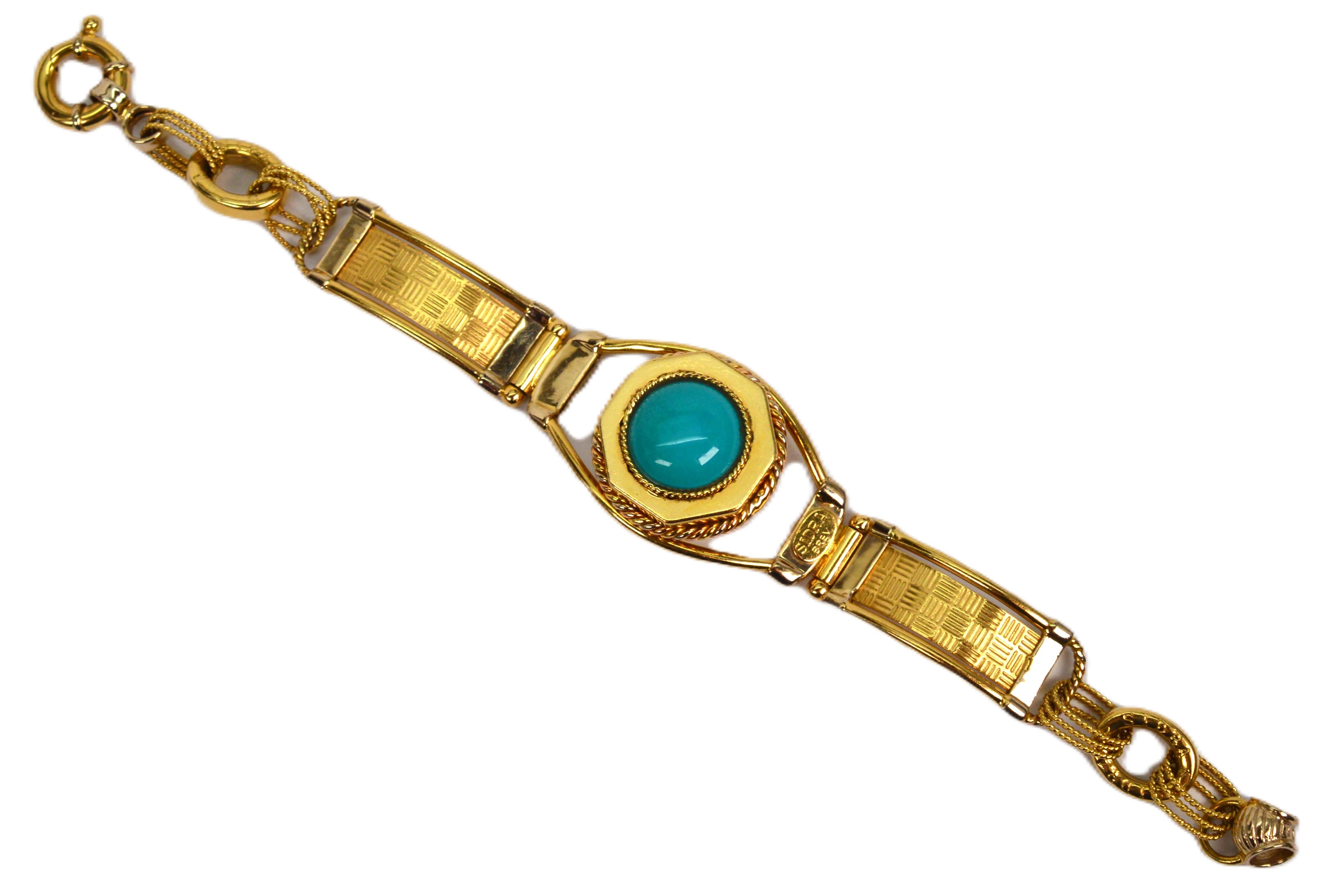 SIDRA BREV Italy 18 Karat Yellow Gold Link Bracelet with Turquoise Cabochon For Sale 5