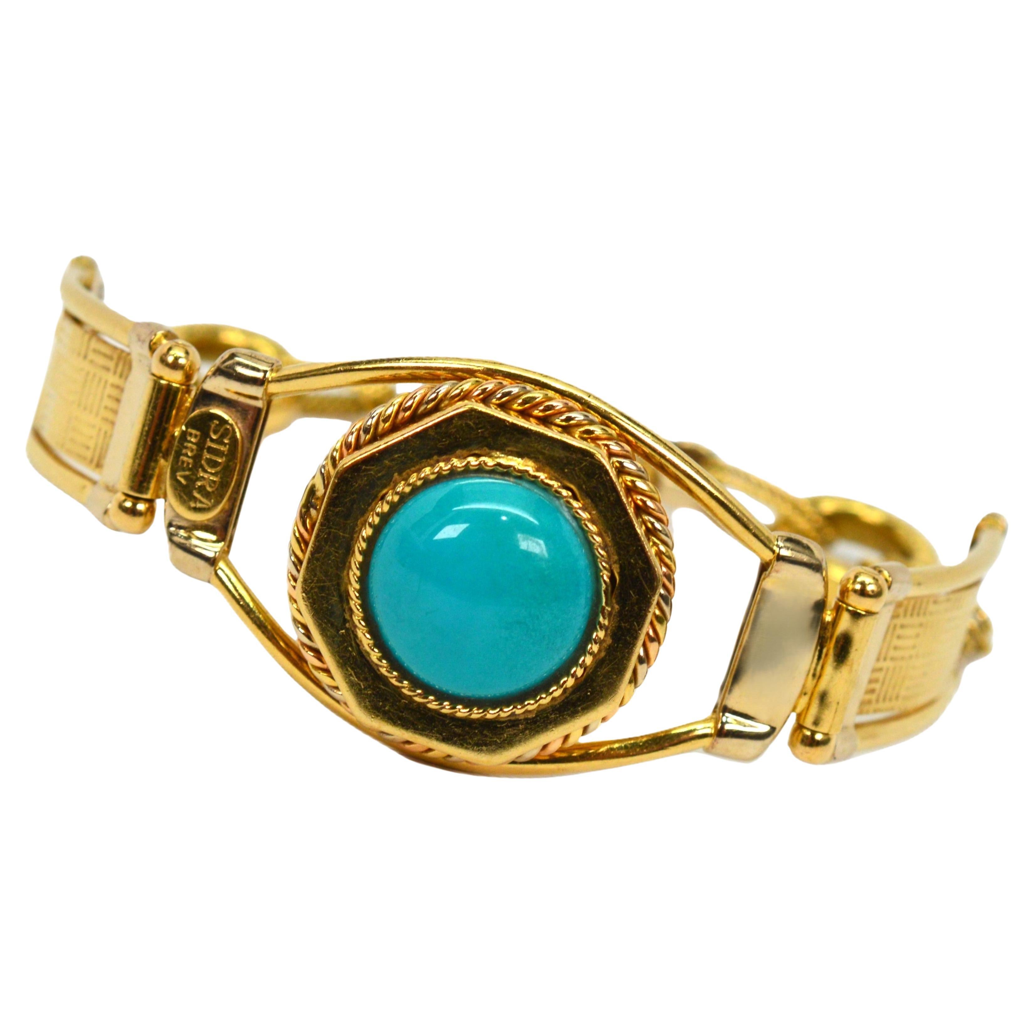SIDRA BREV Italy 18 Karat Yellow Gold Link Bracelet with Turquoise Cabochon