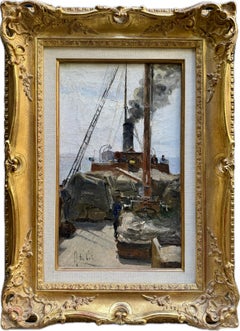 Dutch Impressionist Oil Painting of Figures Aboard a Steamboat
