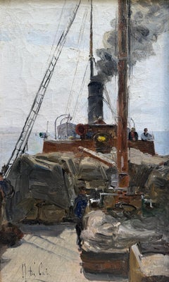 Dutch Impressionist Oil Painting of Figures Aboard a Steamboat