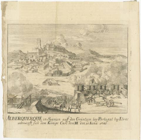Siege of Alburquerque near Elvas – War of Spanish Succession Engraving, c.1710