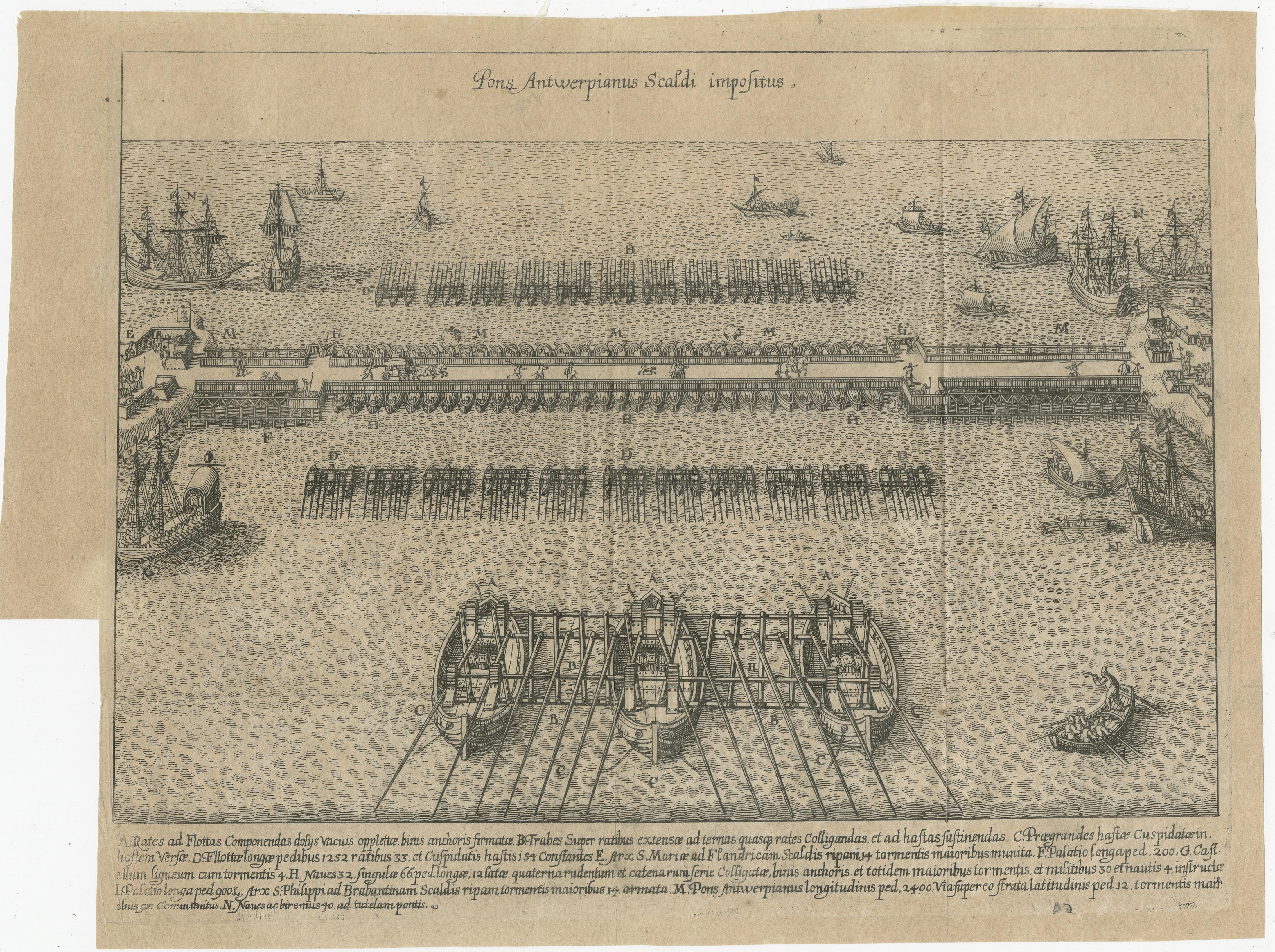 Dieser Stich mit dem Titel *Pons Antverpianus Scaldi impositus* stellt die berühmte Schiffsbrücke dar, die der Herzog von Parma während der Belagerung von Antwerpen im Jahr 1585 über die Schelde bauen ließ. Die Brücke war ein entscheidender Teil der