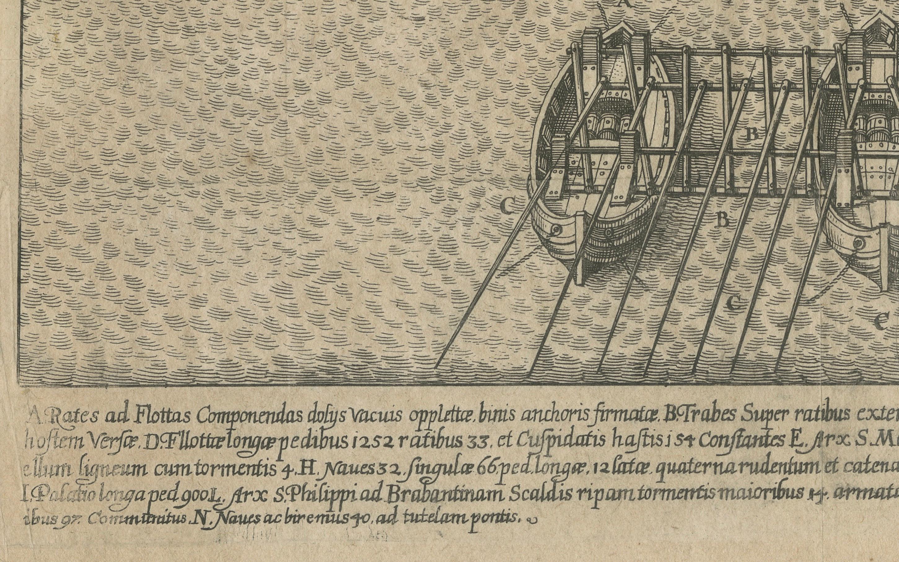Belagerung von Antwerpen: Die strategische Schiffsbrücke des Duke of Parma über die Schelde, 1585 (Graviert) im Angebot