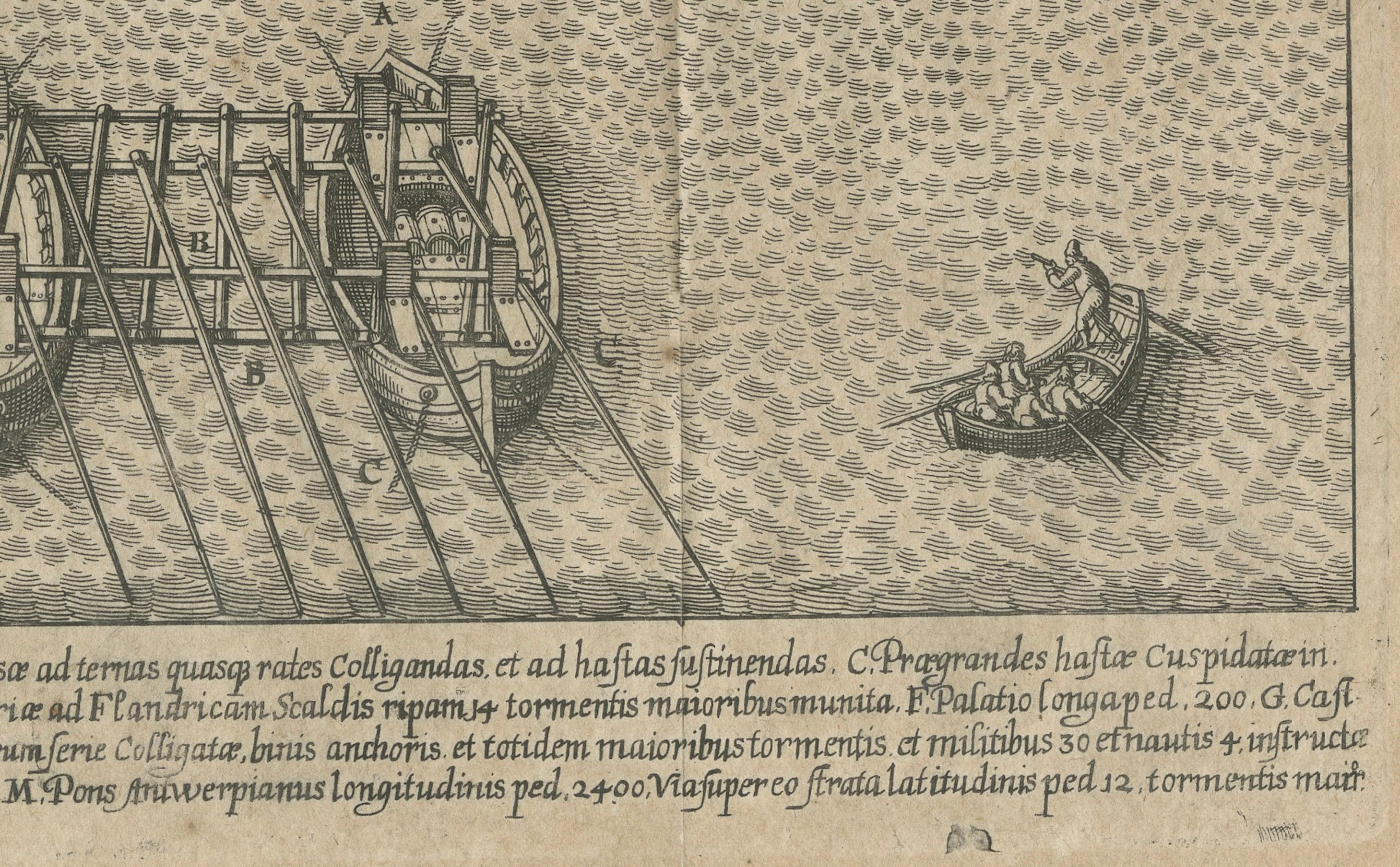 Belagerung von Antwerpen: Die strategische Schiffsbrücke des Duke of Parma über die Schelde, 1585 im Zustand „Gut“ im Angebot in Langweer, NL