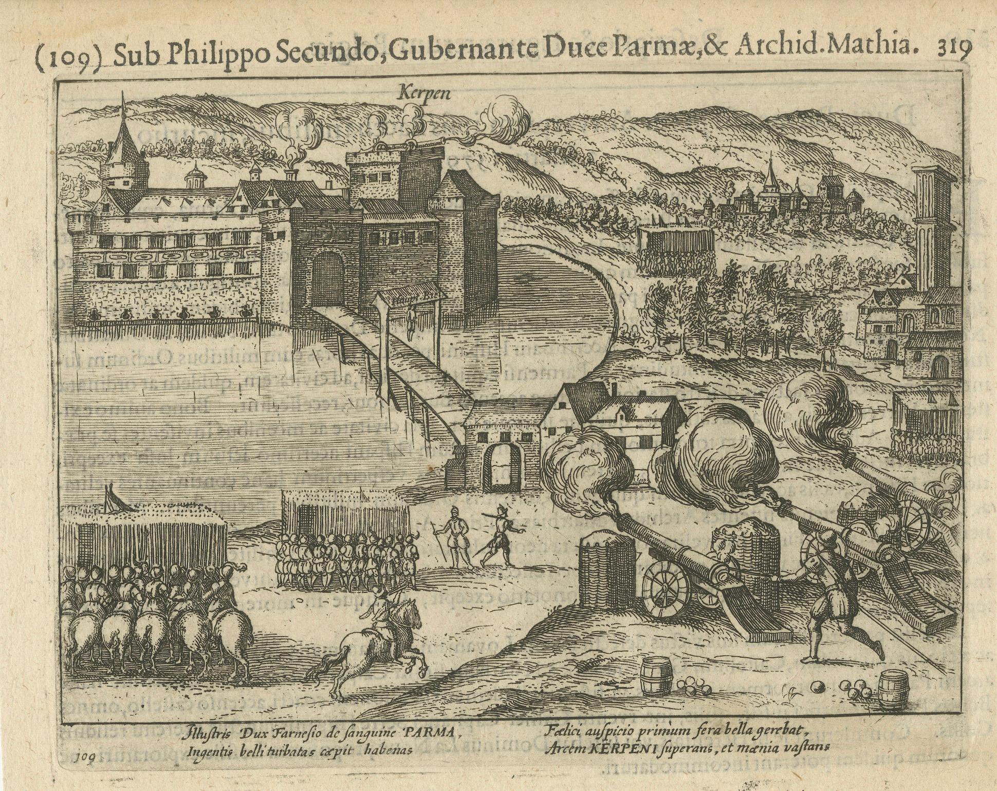 Siege of Kerpen under Duke of Parma – Original Engraving from Baudartius, 1616

This finely detailed early 17th-century copperplate engraving depicts the attack on the fortified town of Kerpen in 1579, during the early decades of the Eighty Years’