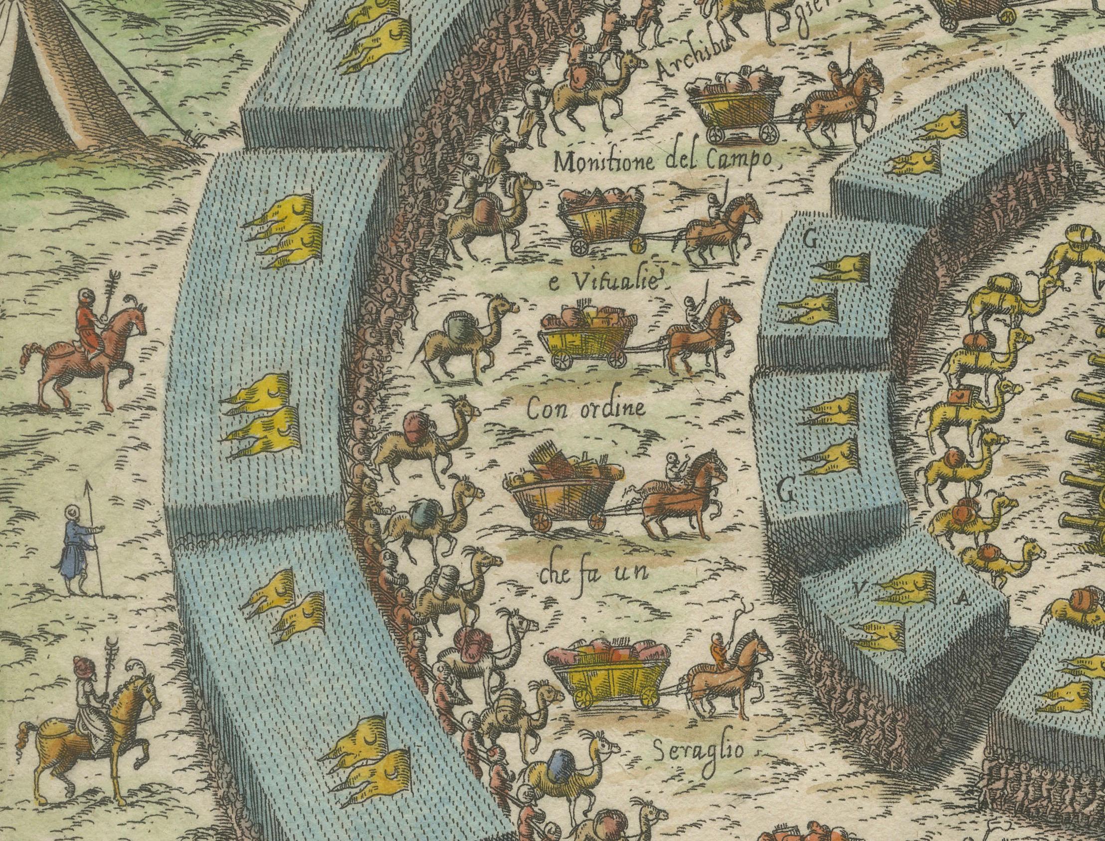 Engraved Siege of Szigetvár, 1566: Lafreri's Rare Handcolored Engraving Published in 1585 For Sale