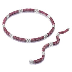 Siegelson Flexible Ruby Diamond Platinum Necklace and Bracelet Suite