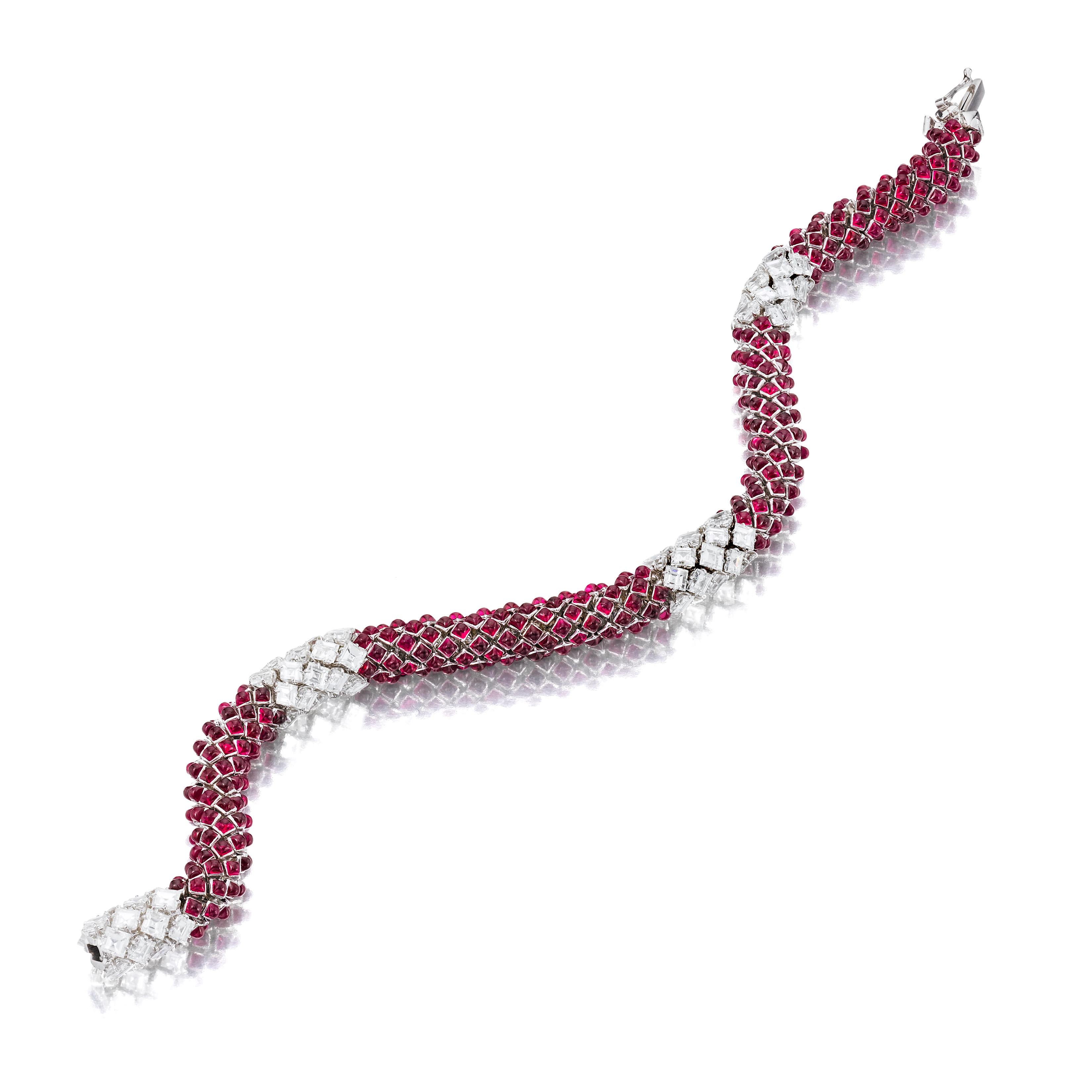 Women's or Men's Siegelson Flexible Ruby Diamond Platinum Necklace and Bracelet Suite For Sale