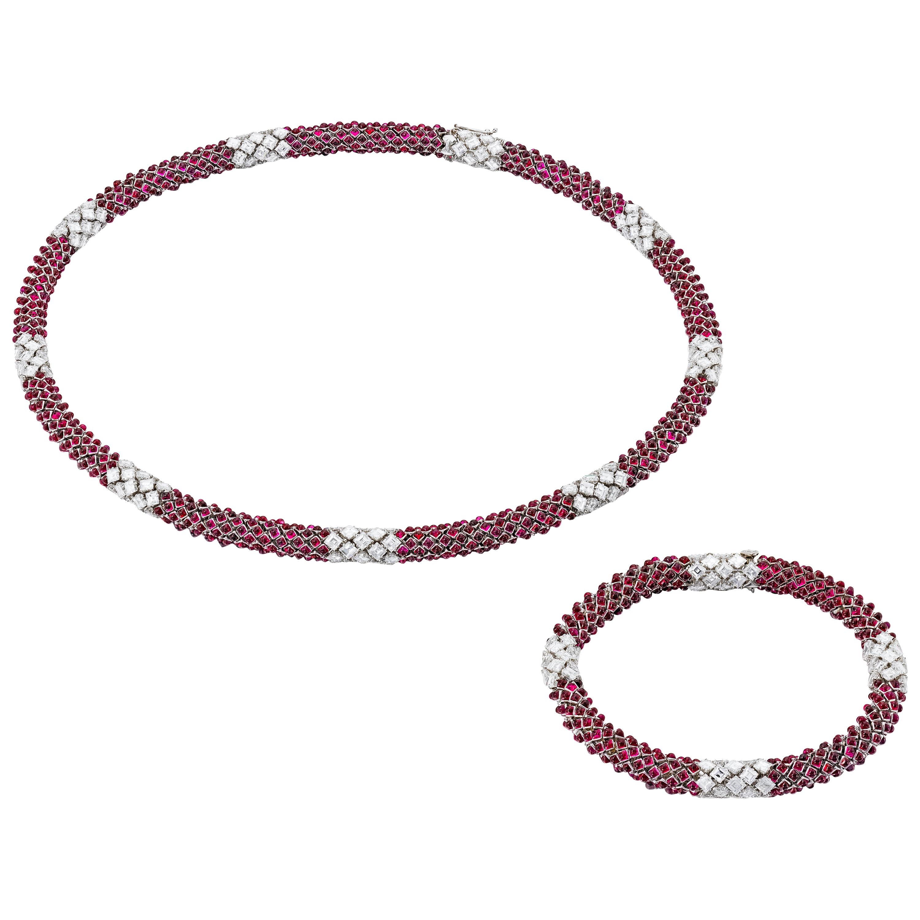 Siegelson Flexible Ruby Diamond Platinum Necklace and Bracelet Suite For Sale